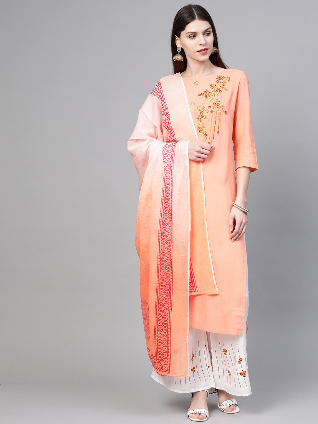 

Anubhutee Women Peach-Coloured & White Embroidered Kurta with Palazzos & Dupatta