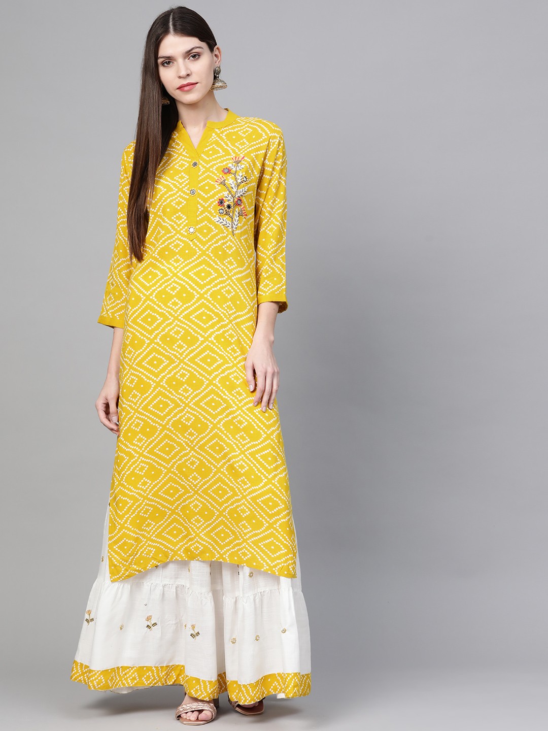 

Anubhutee Women Mustard Yellow & White Bandhani Print Kurta with Skirt