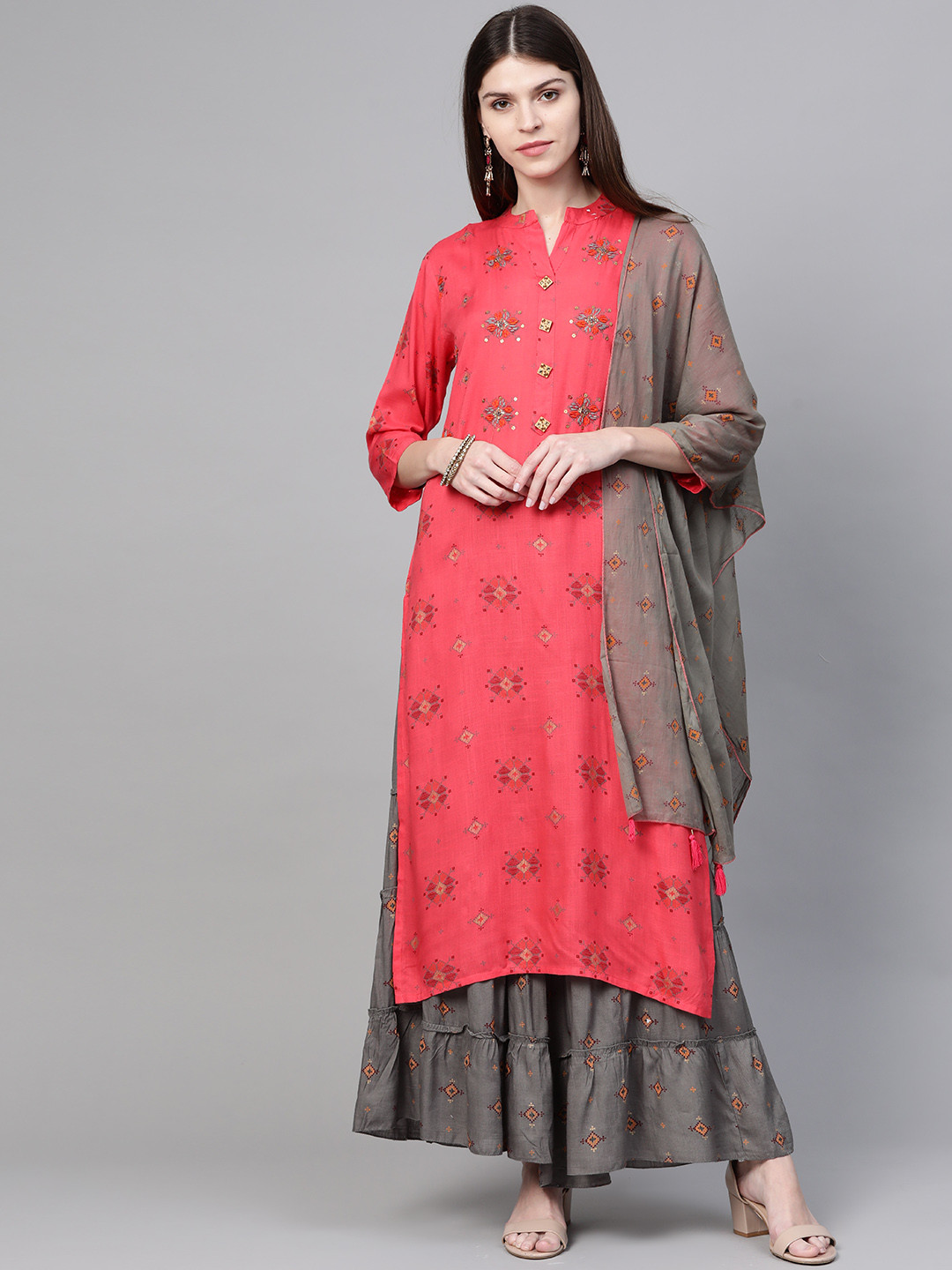 

Anubhutee Women Coral Pink & Charcoal Grey Embroidered Kurta & Sharara With Dupatta