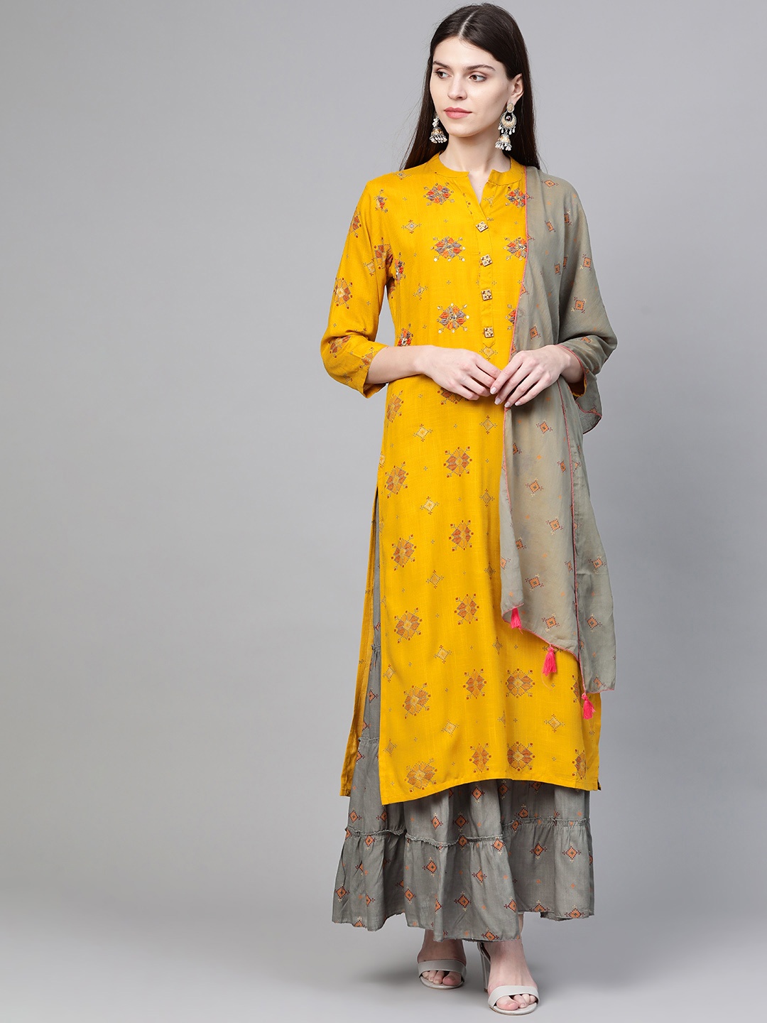 

Anubhutee Women Mustard Yellow & Charcoal Grey Printed Kurta with Sharara & Dupatta