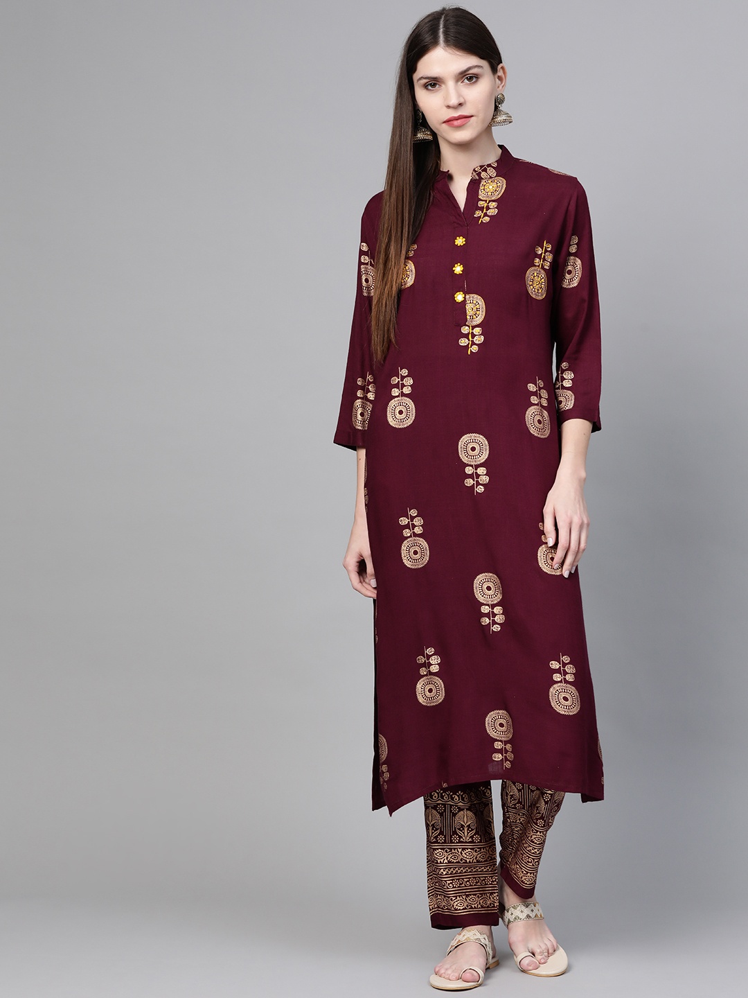 

Anubhutee Women Wine-Coloured & Golden Mirror Work Embroidered Printed Kurta with Trousers, Burgundy