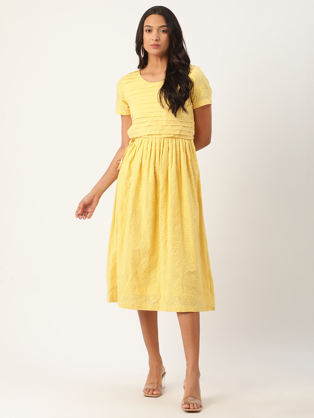 

ROOTED Women Yellow Embroidered Fit & Flare Dress