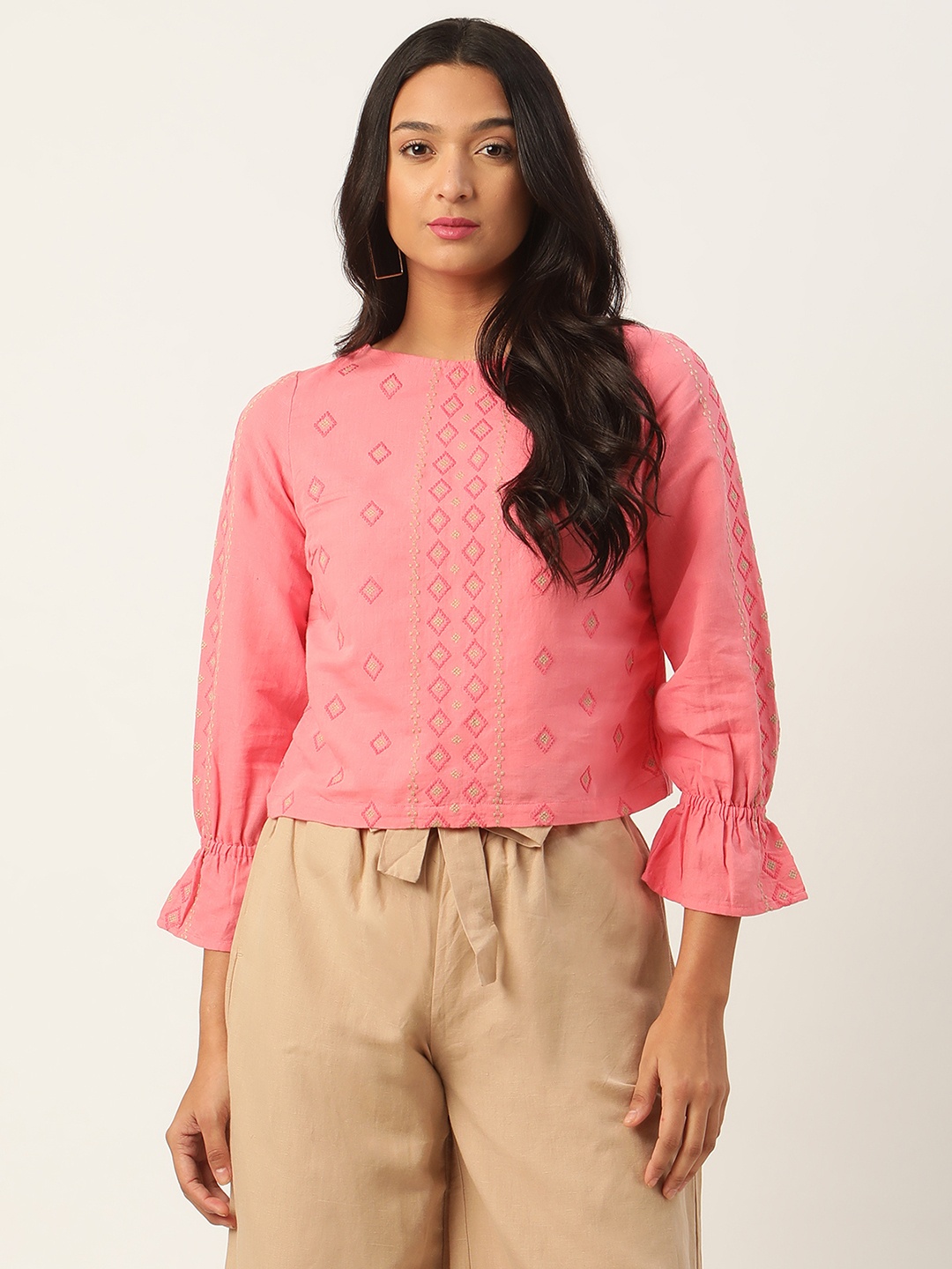 

ROOTED Women Pink Embroidered Boxy Linen Top