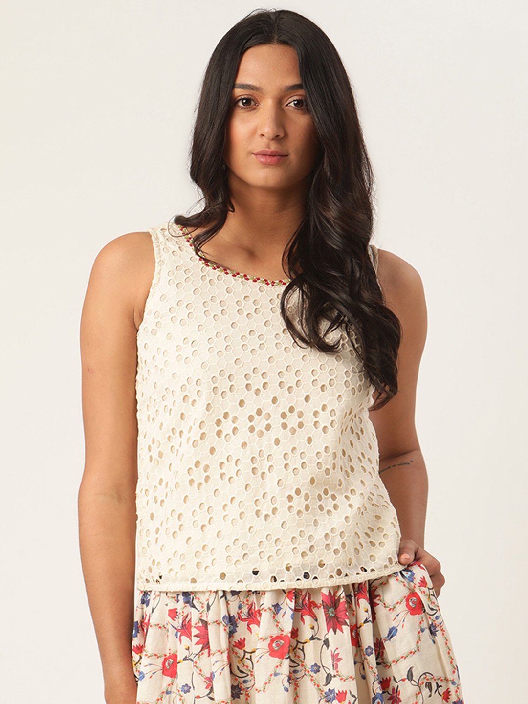 

ROOTED Women Cream-Coloured Self Design Top