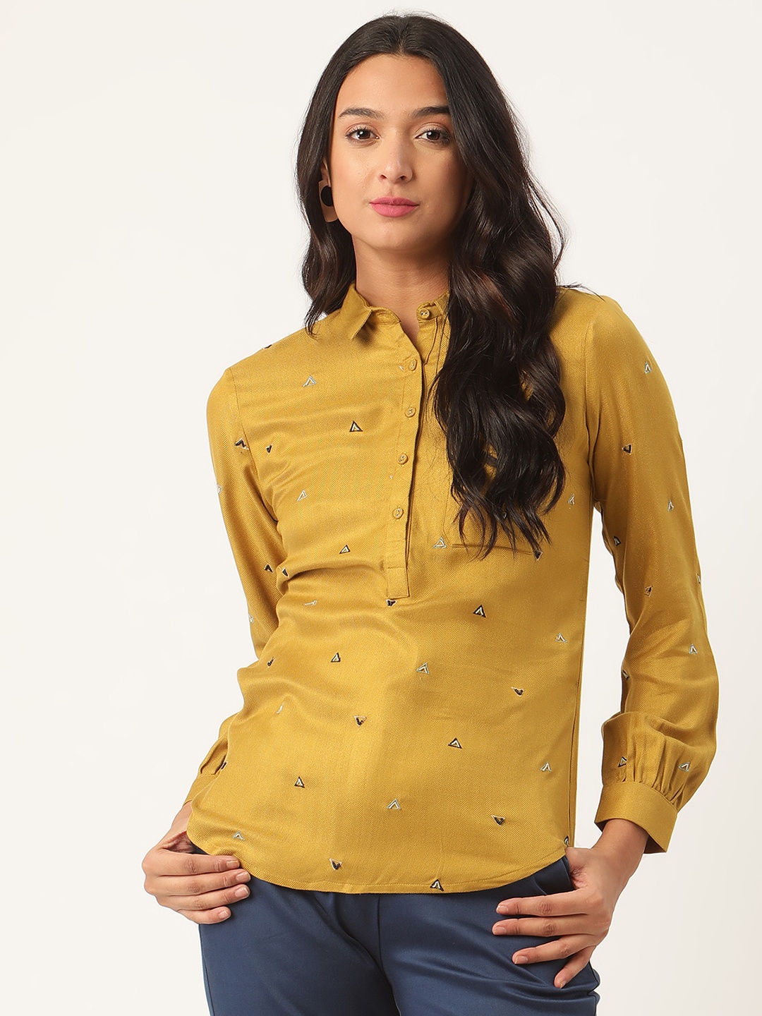 

ROOTED Women Mustard Yellow Printed Shirt Style Top