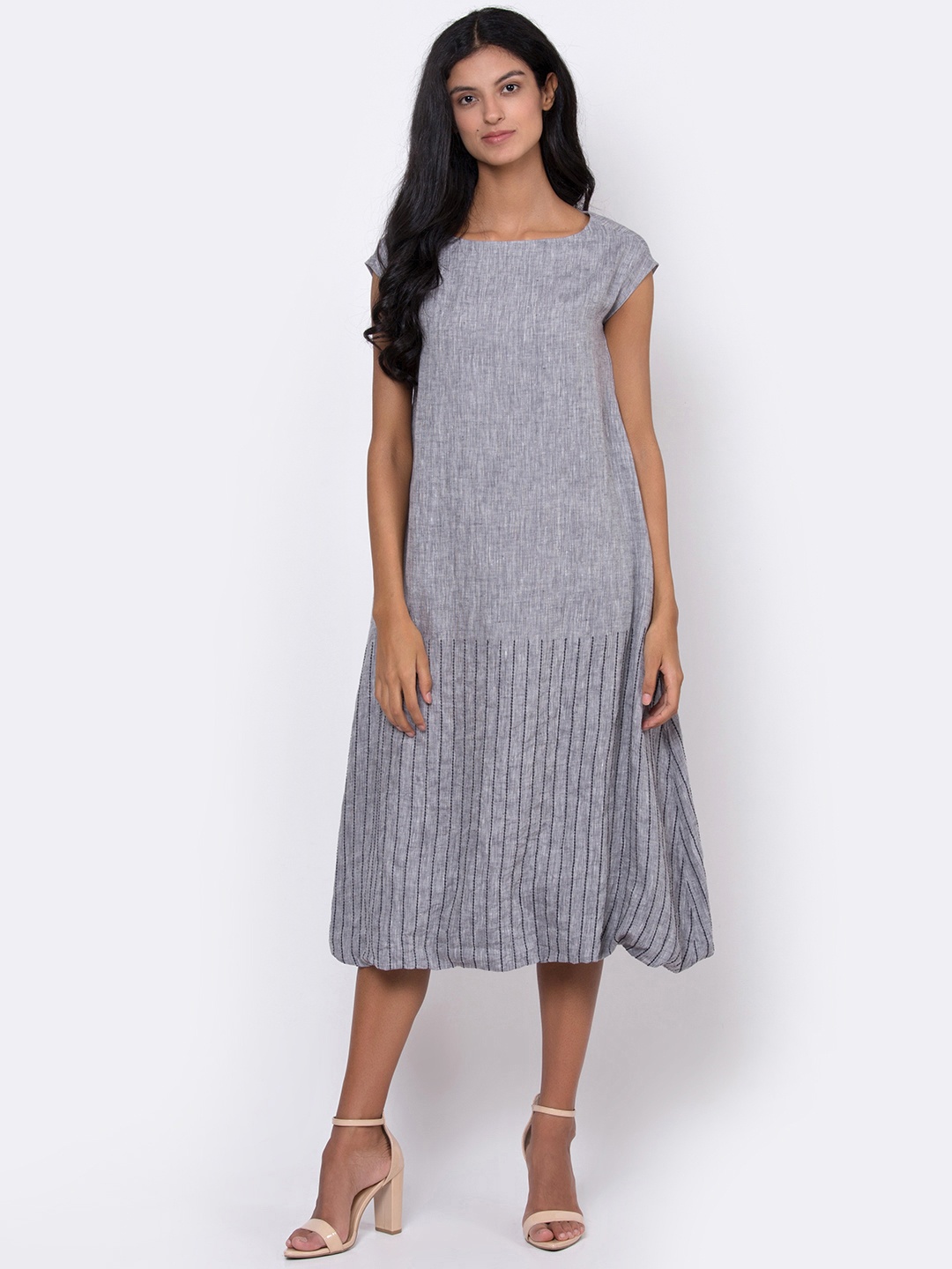 

ROOTED Women Blue Striped Linen A-Line Dress