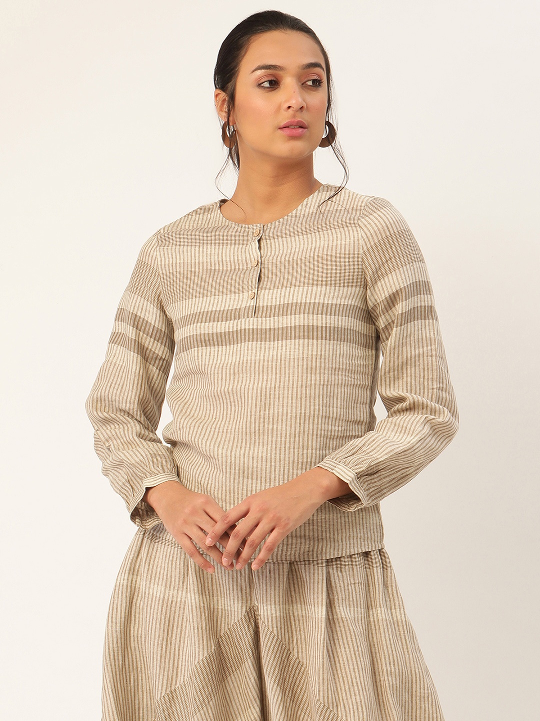 

ROOTED Women Beige Striped Top