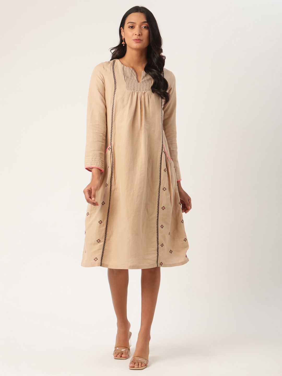 

ROOTED Women Peach-Coloured Embroidered A-Line Dress