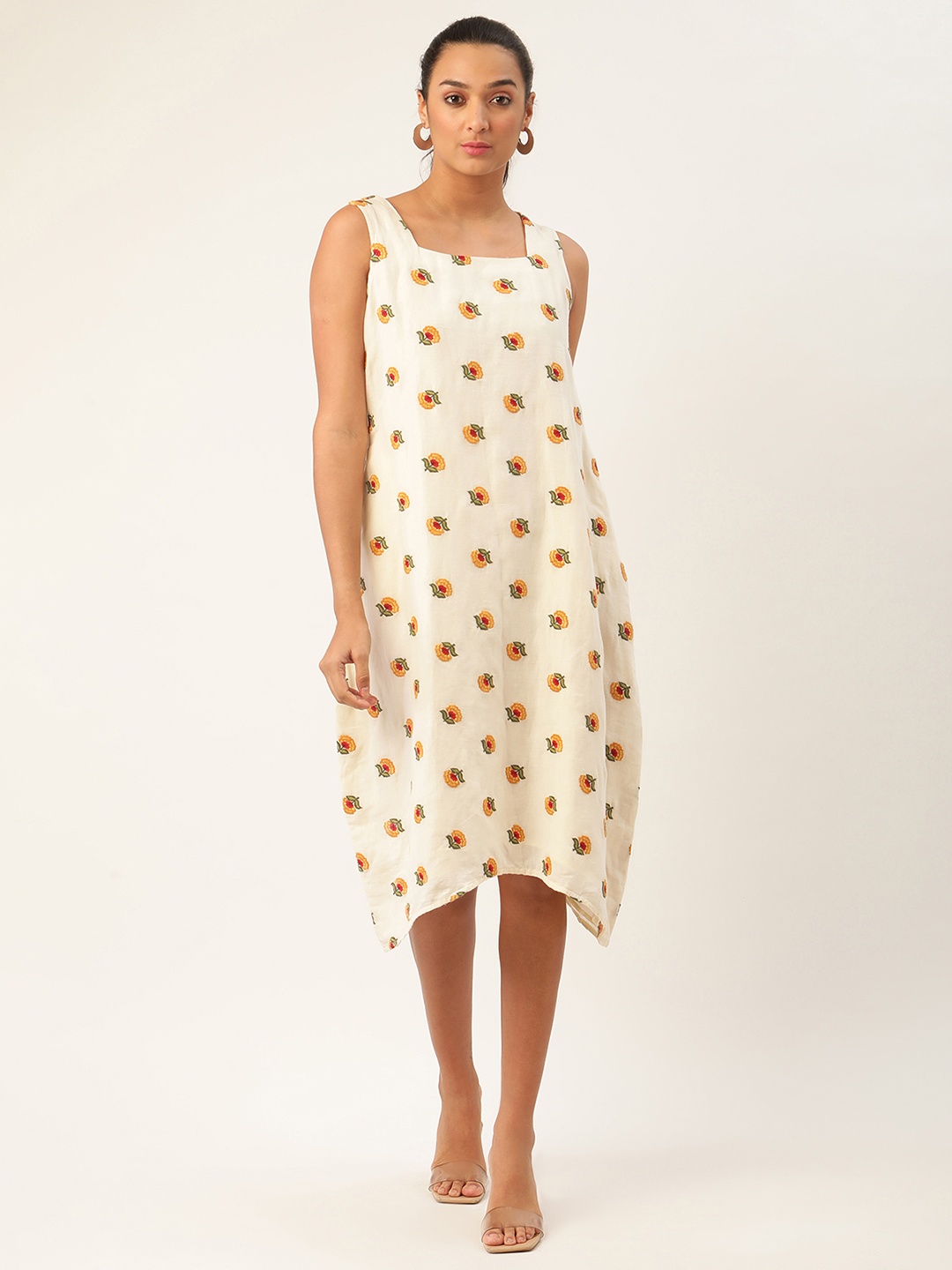 

ROOTED Women Off-White Embroidered Fit and Flare Dress