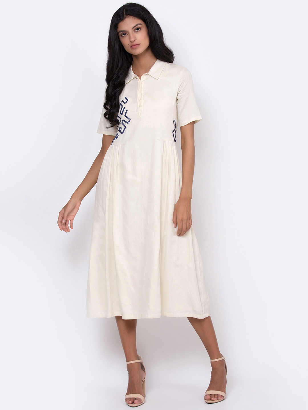 

ROOTED Women Cream-Coloured Embellished Shirt Dress