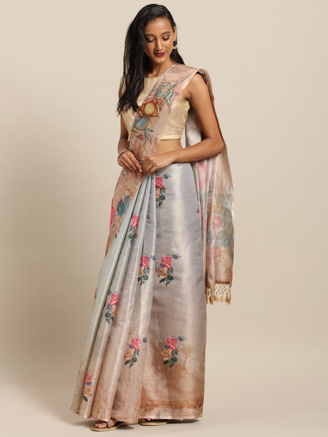 

VASTRANAND Brown & Green Art Silk Printed Maheshwari Saree