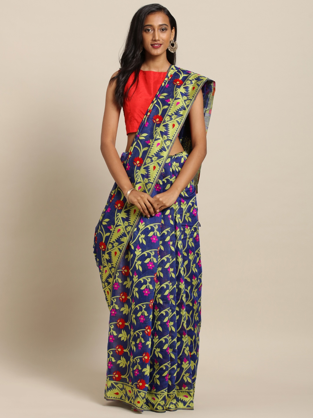

VASTRANAND Blue & Green Silk Cotton Printed Jamdani Saree