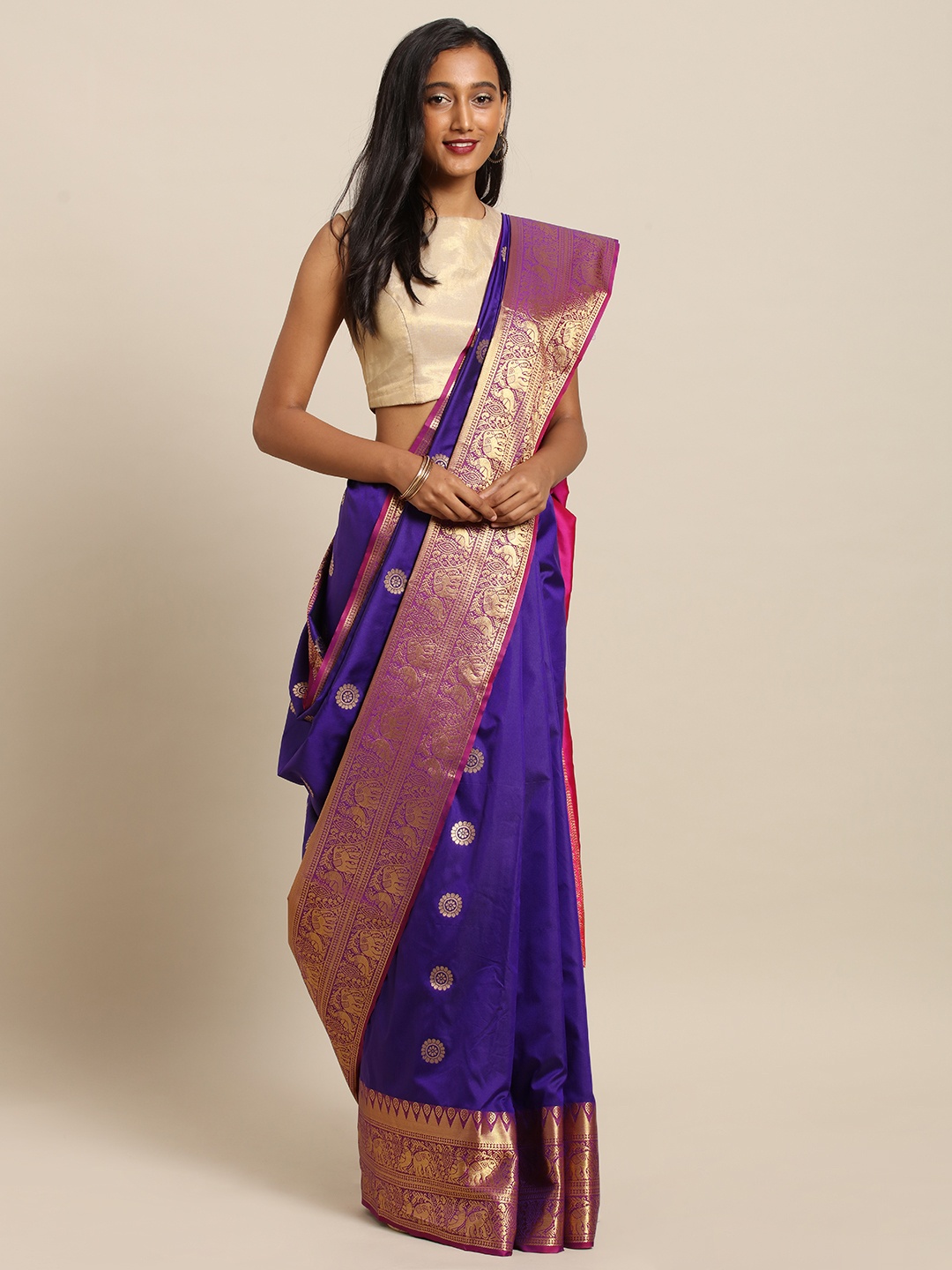 

VASTRANAND Purple & Pink Silk Blend Woven Design Kanjeevaram Saree