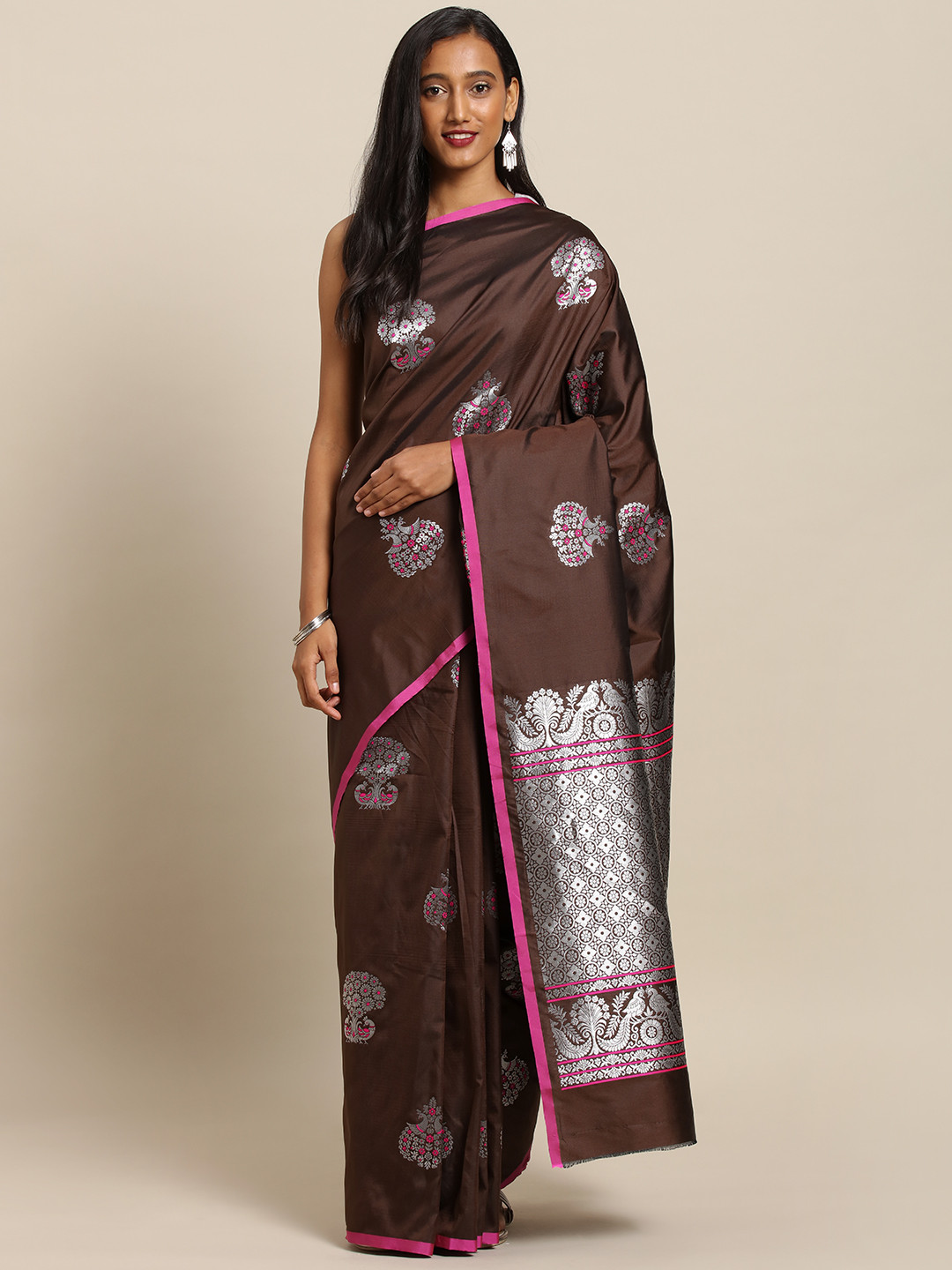 

VASTRANAND Coffee Brown & Silver-Coloured Silk Blend Woven Design Kanjeevaram Saree