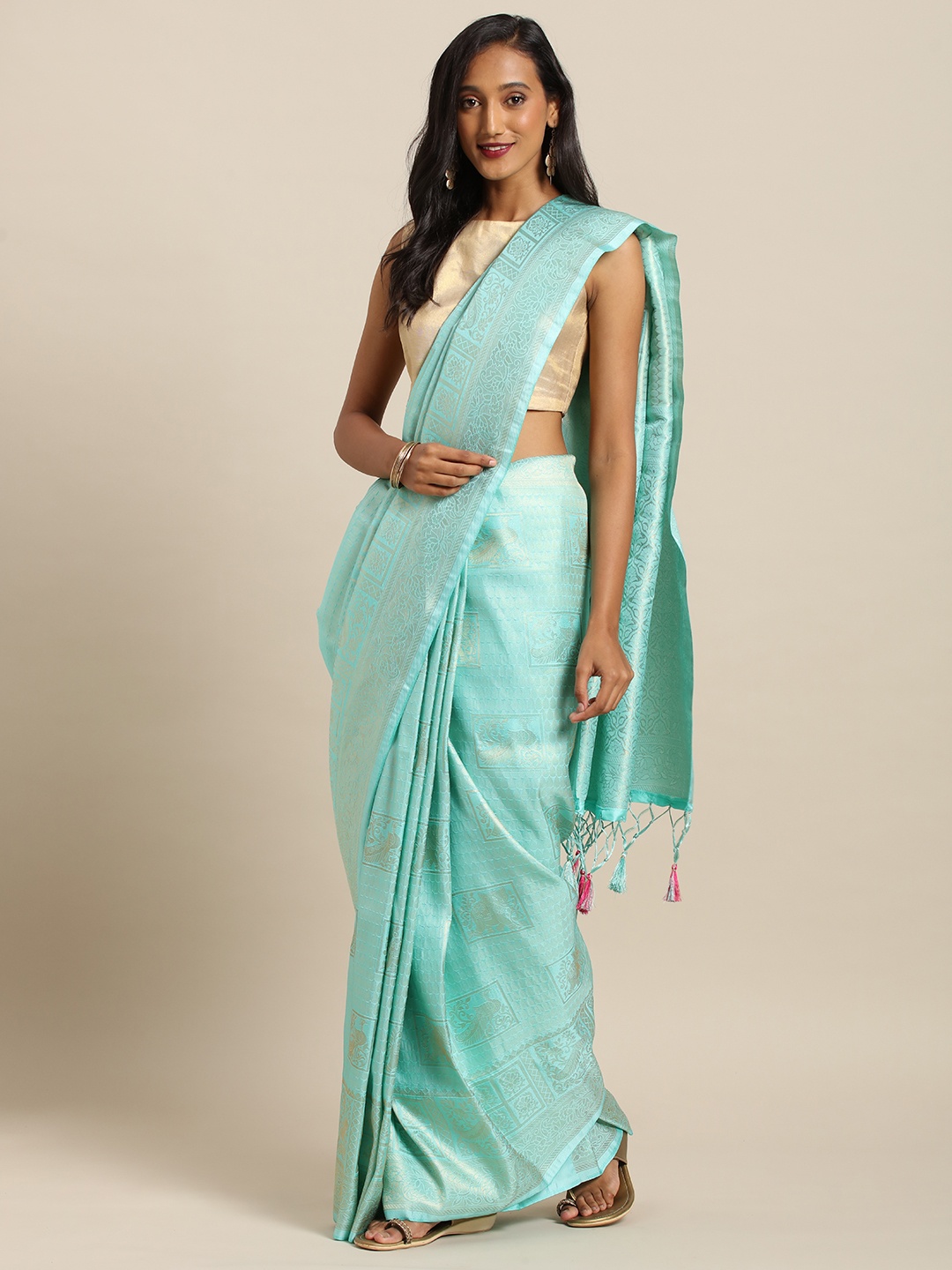 

VASTRANAND Blue Silk Blend Woven Design Baluchari Saree