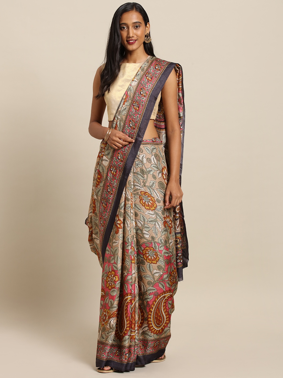 

VASTRANAND Beige & Black Linen Blend Printed Chanderi Saree
