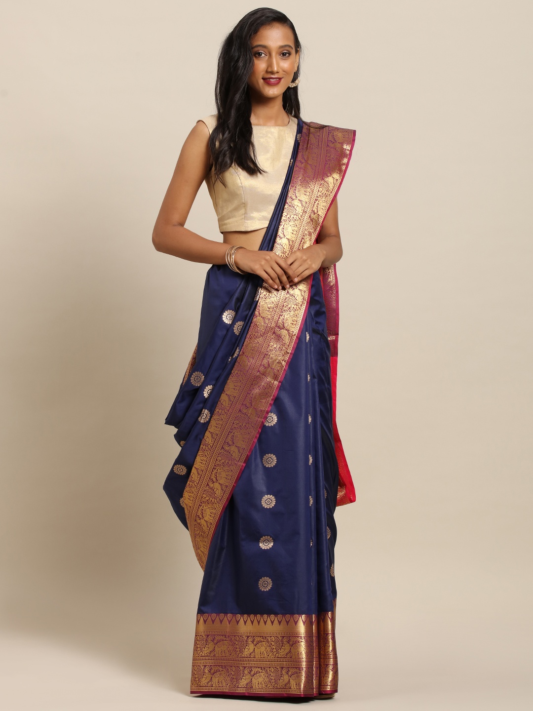 

VASTRANAND Navy Blue & Gold-Toned Silk Blend Woven Design Kanjeevaram Saree