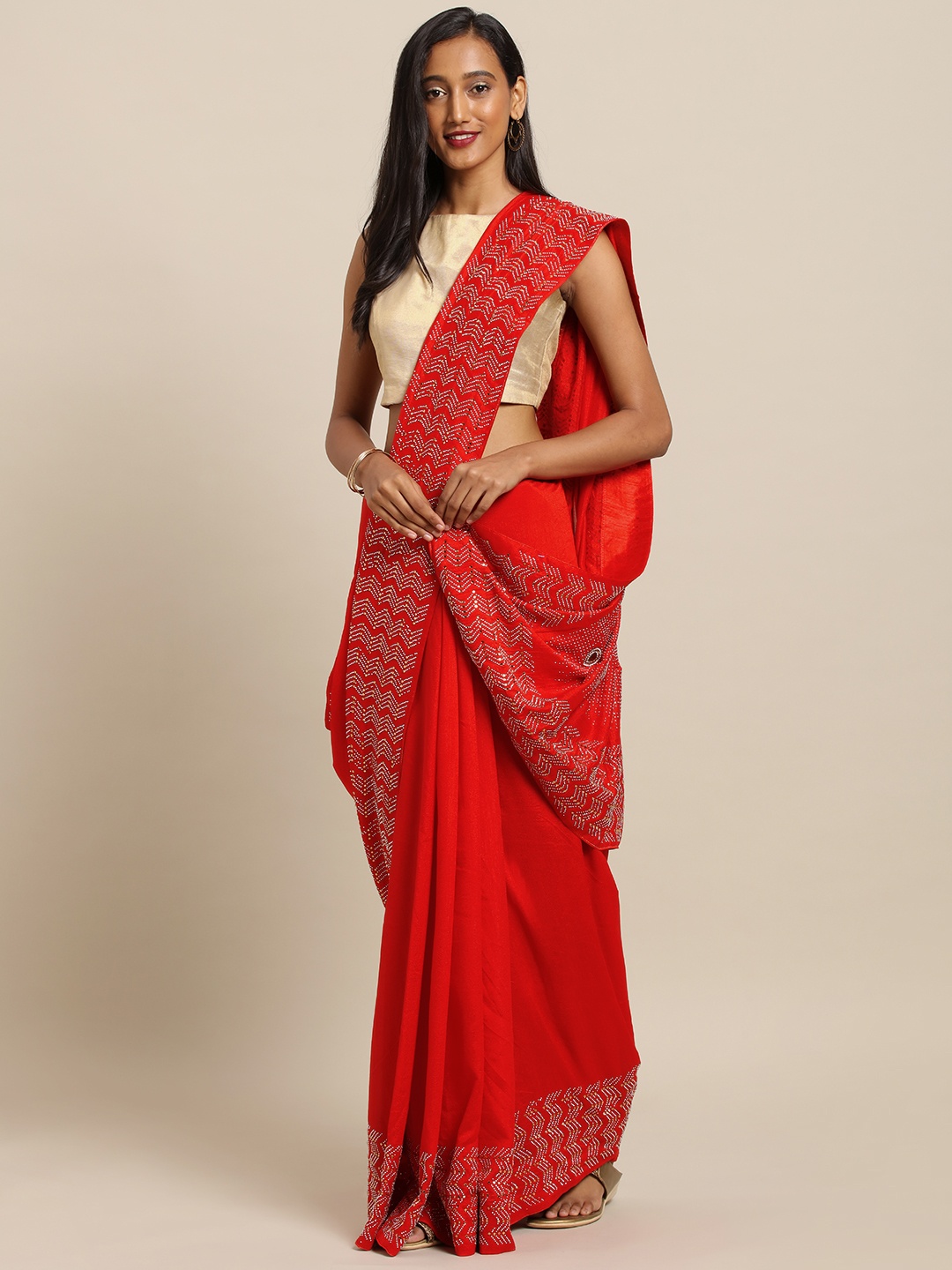 

VASTRANAND Red Solid Poly Silk Saree With Embellished Border