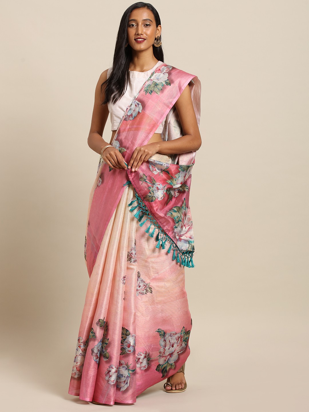 

VASTRANAND Pink & White Art Silk Printed Maheshwari Saree