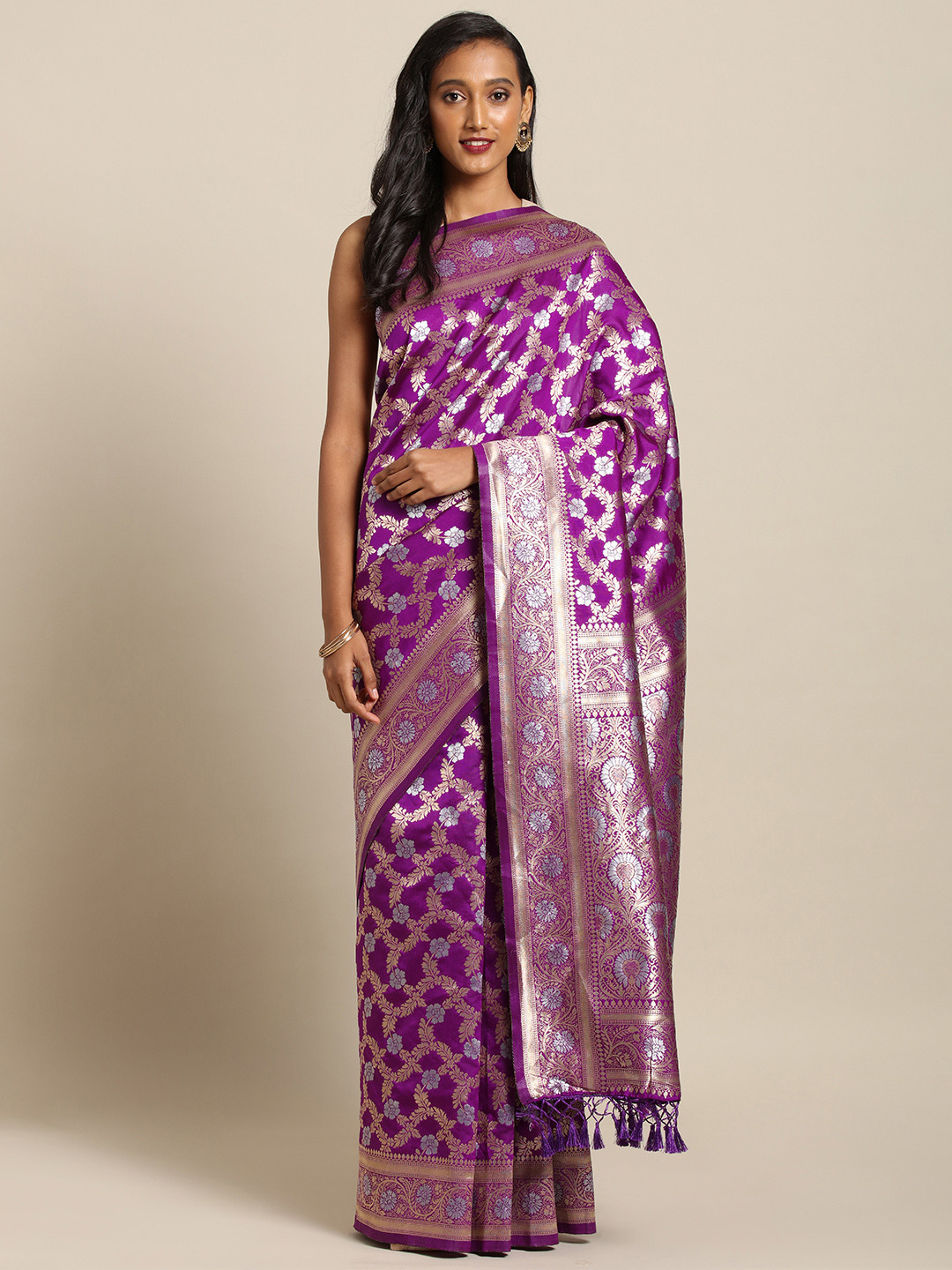 

VASTRANAND Purple & Golden Silk Blend Woven Design Banarasi Saree