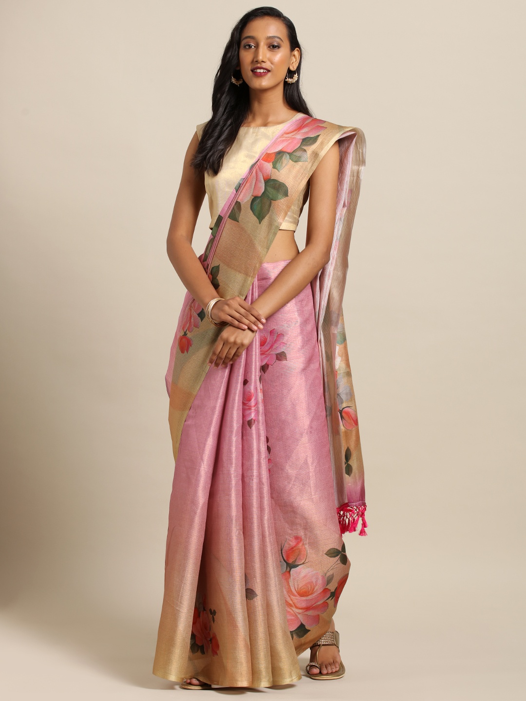 

VASTRANAND Rose Gold & Yellow Art Silk Printed Maheshwari Saree