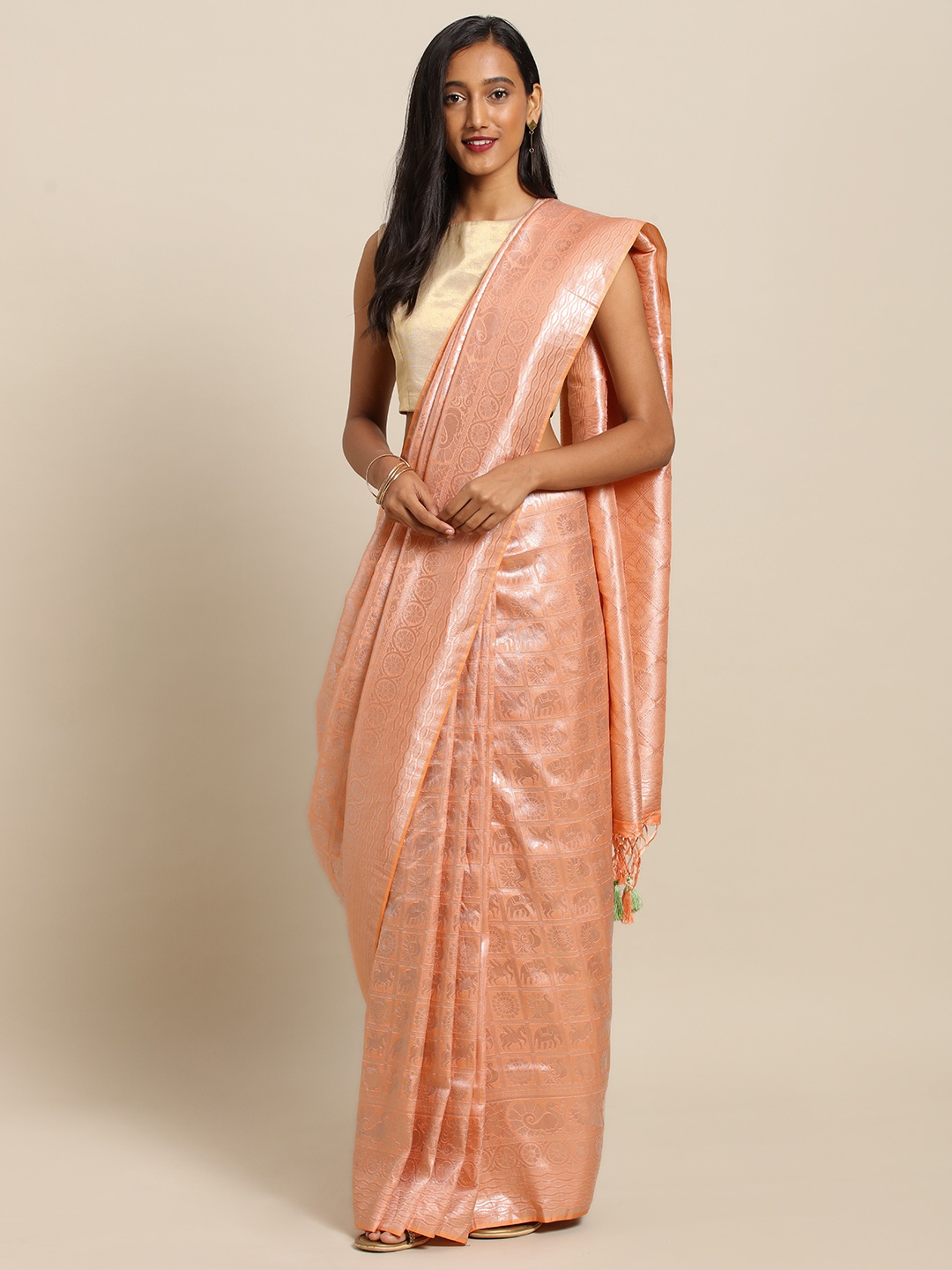 

VASTRANAND Peach-Coloured Silk Blend Woven Design Baluchari Saree