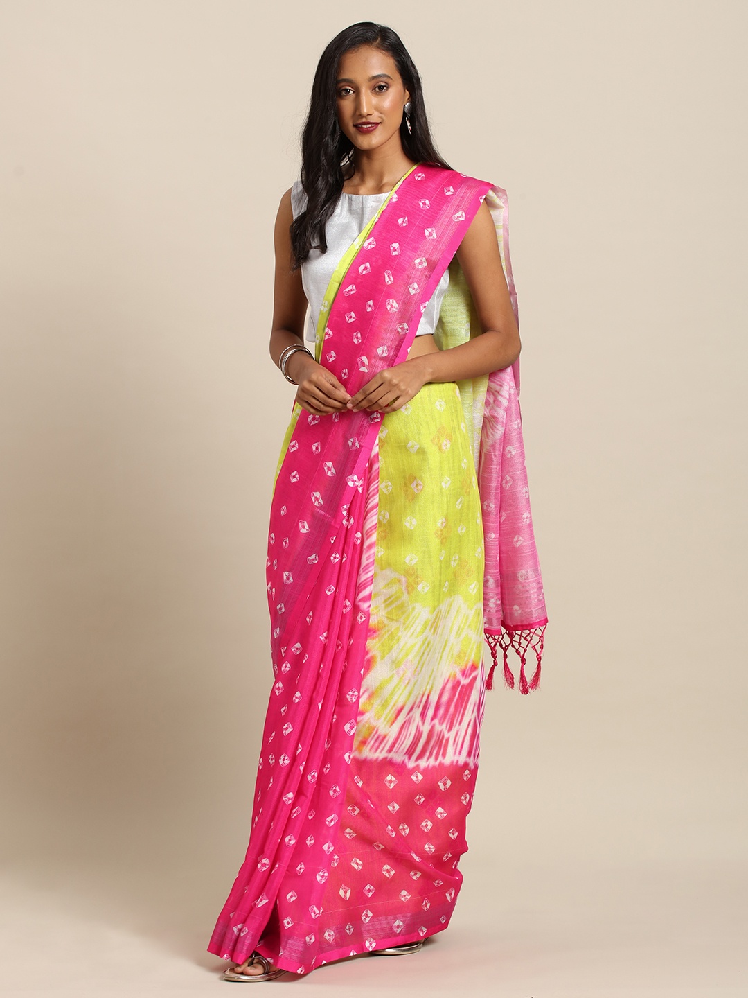 

VASTRANAND Pink & Lime Green Linen Blend Printed Bandhani Saree