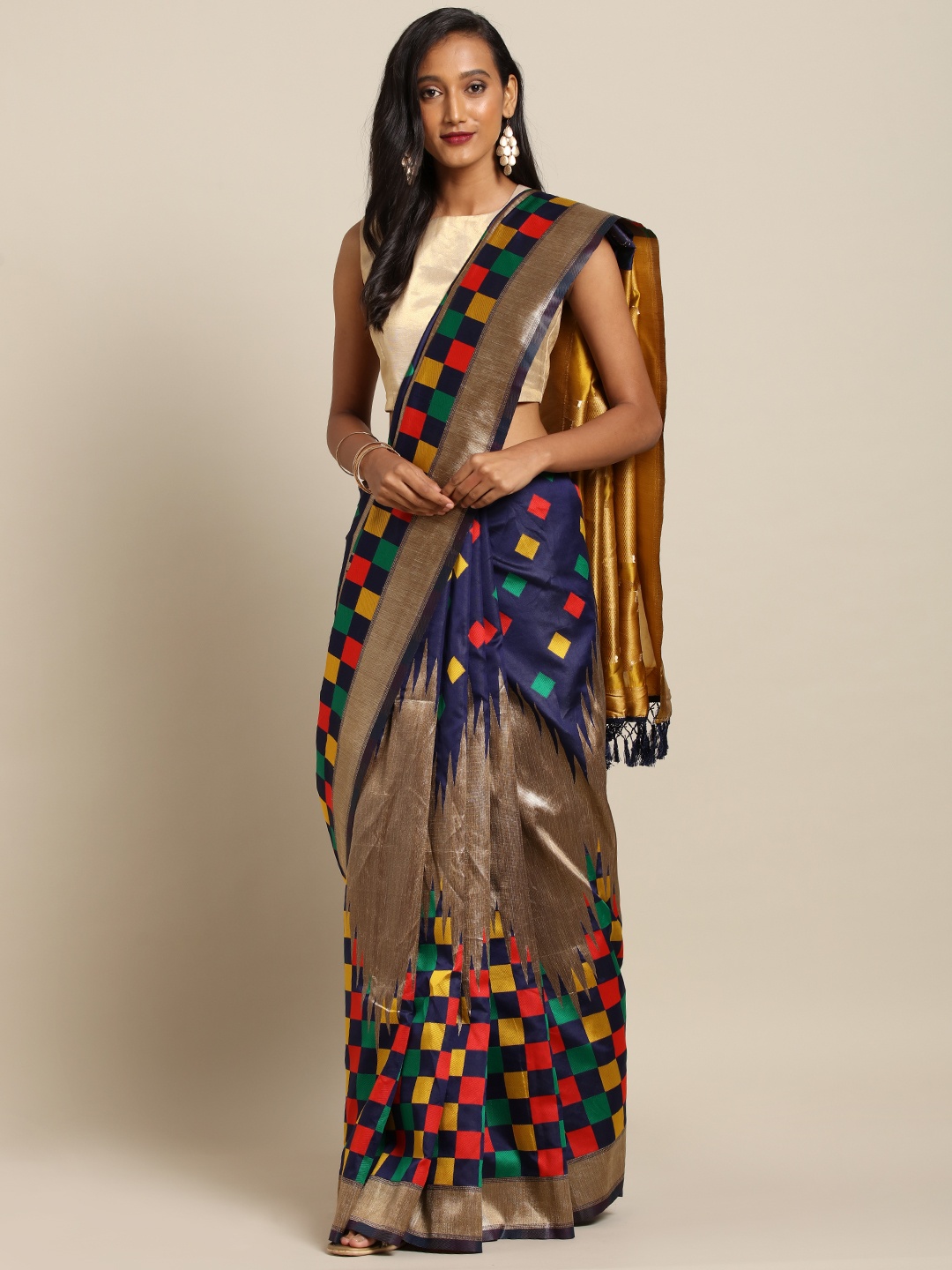 

VASTRANAND Navy Blue Silk Blend Checked Banarasi Saree