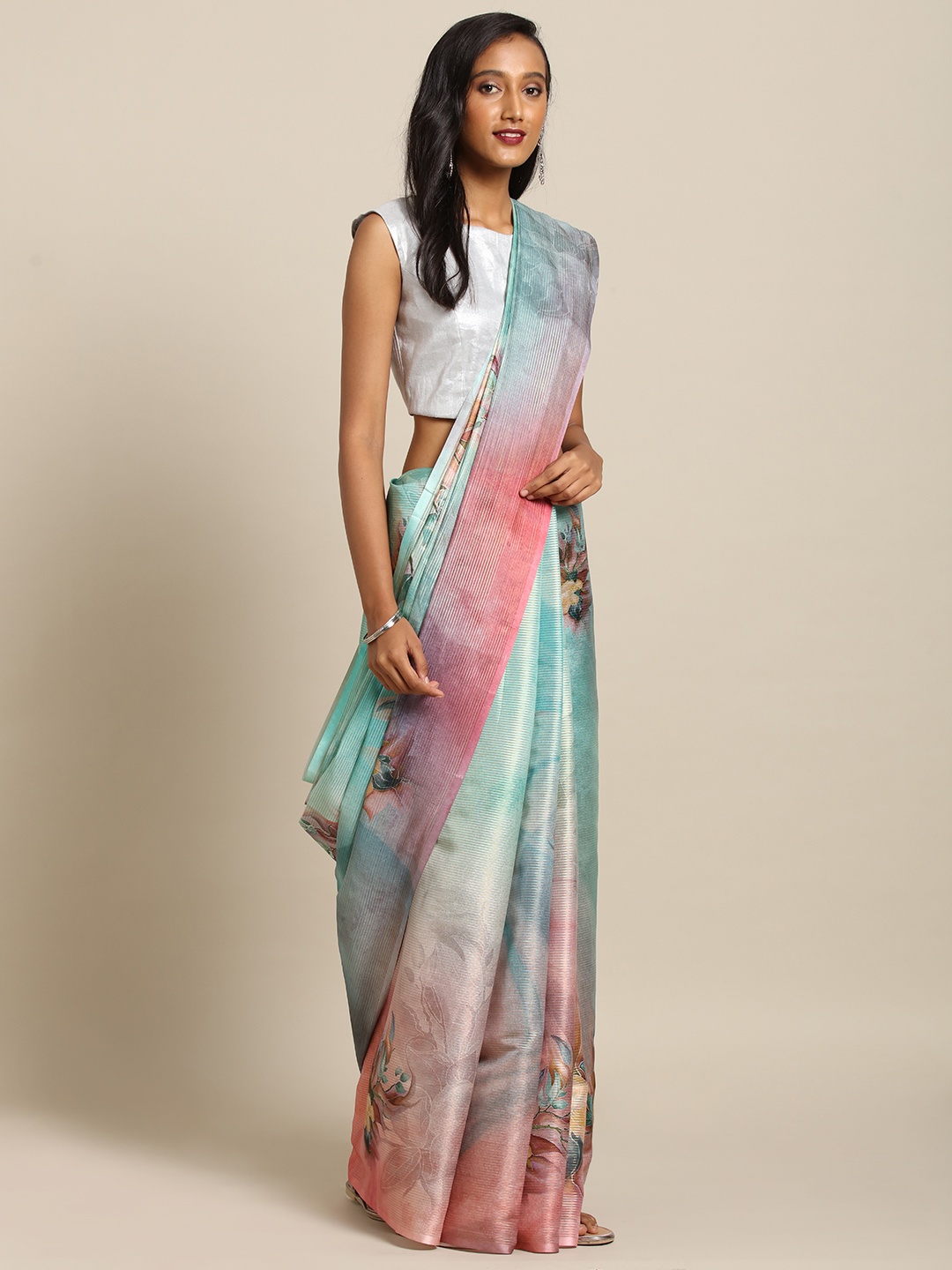 

VASTRANAND Sea Green & Pink Art Silk Printed Maheshwari Saree