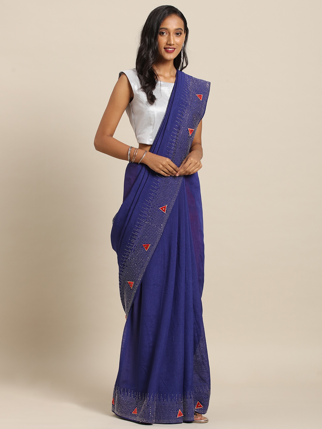 

VASTRANAND Navy Blue & Red Poly Silk Embellished Border Saree