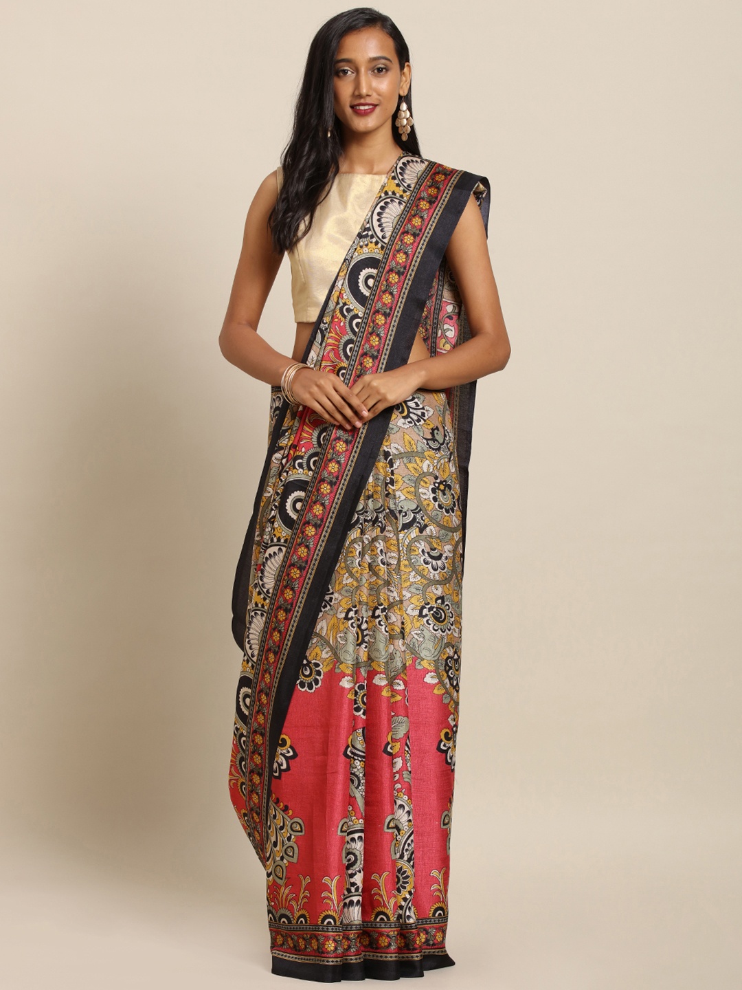 

VASTRANAND Pink & Black Linen Blend Printed Chanderi Saree