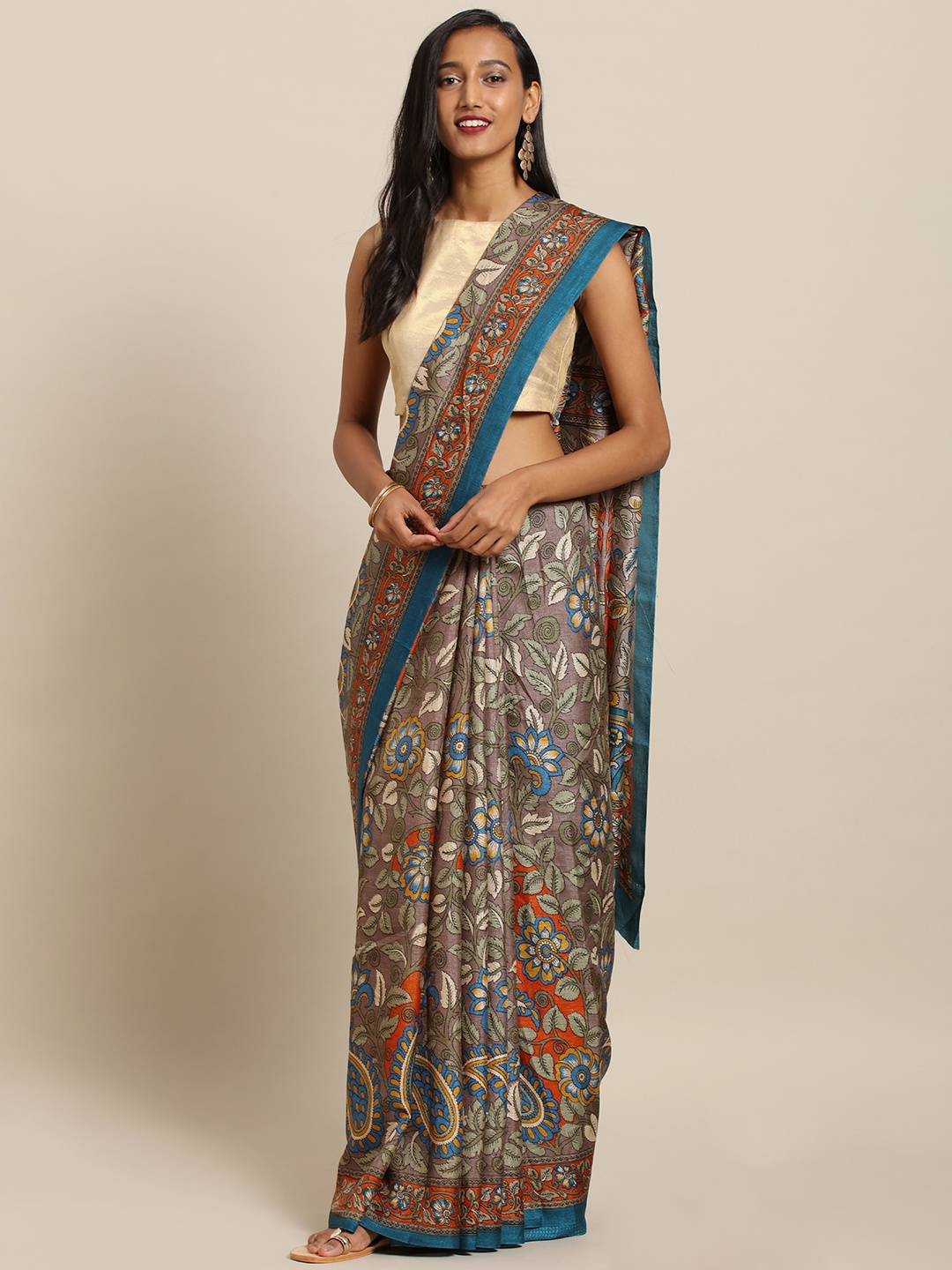 

VASTRANAND Grey & Teal Blue Linen Blend Printed Chanderi Saree