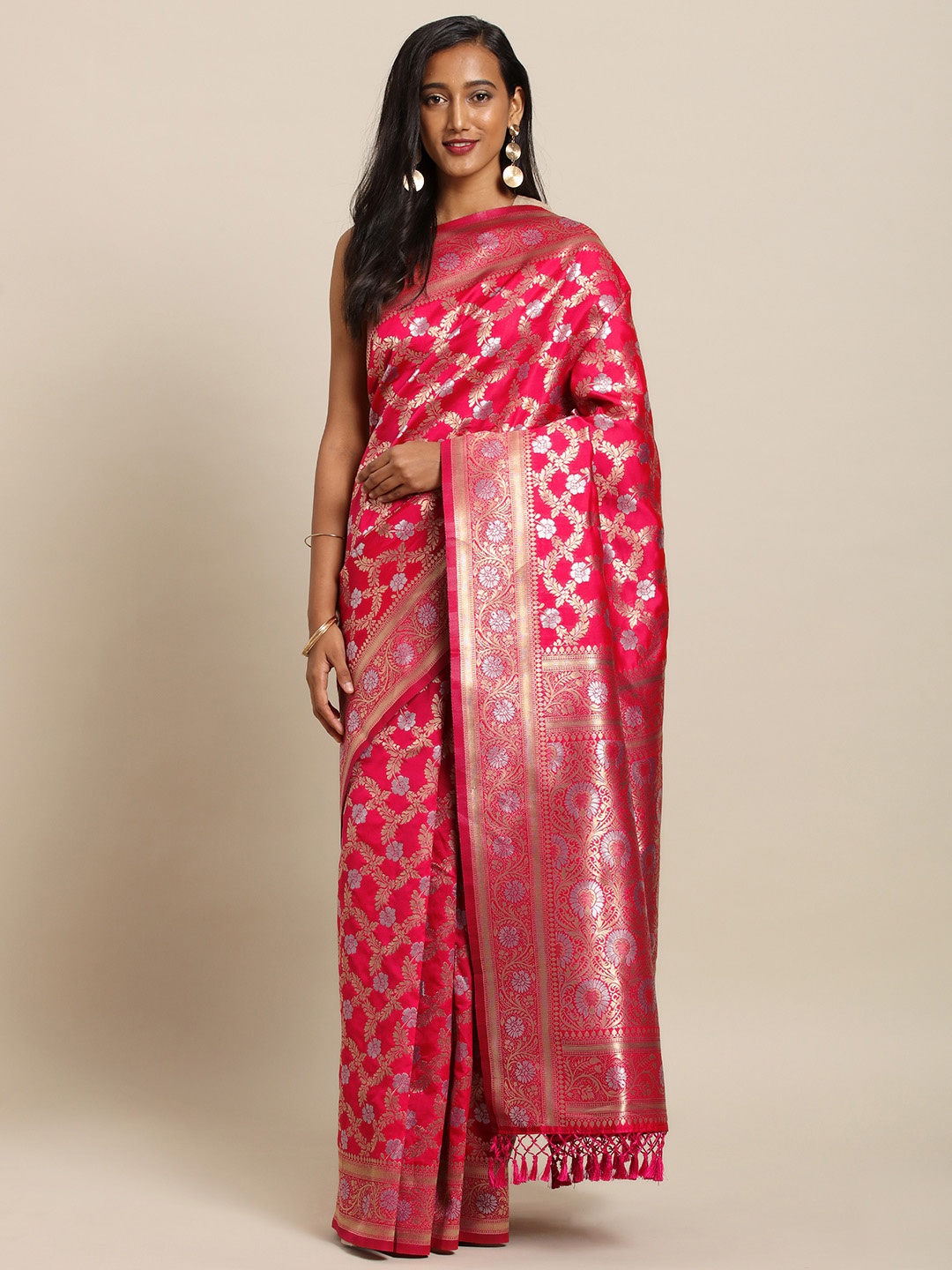 

VASTRANAND Coral & Gold-Toned Silk Blend Woven Design Banarasi Saree