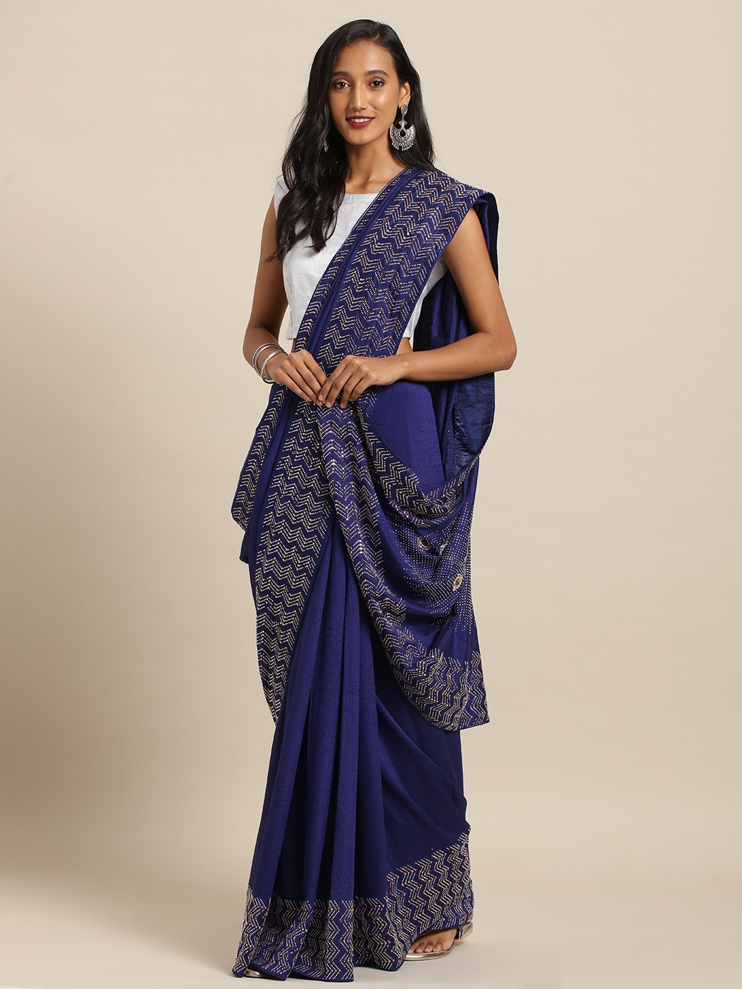 

VASTRANAND Navy Blue Embellished Border Poly Silk Saree