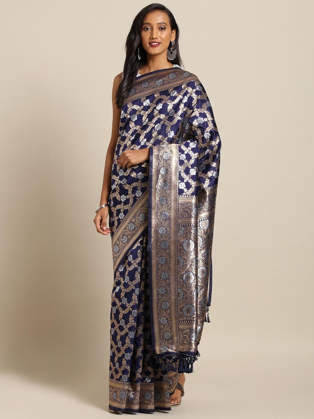 

VASTRANAND Navy Blue & Gold-Toned Silk Blend Woven Design Banarasi Saree