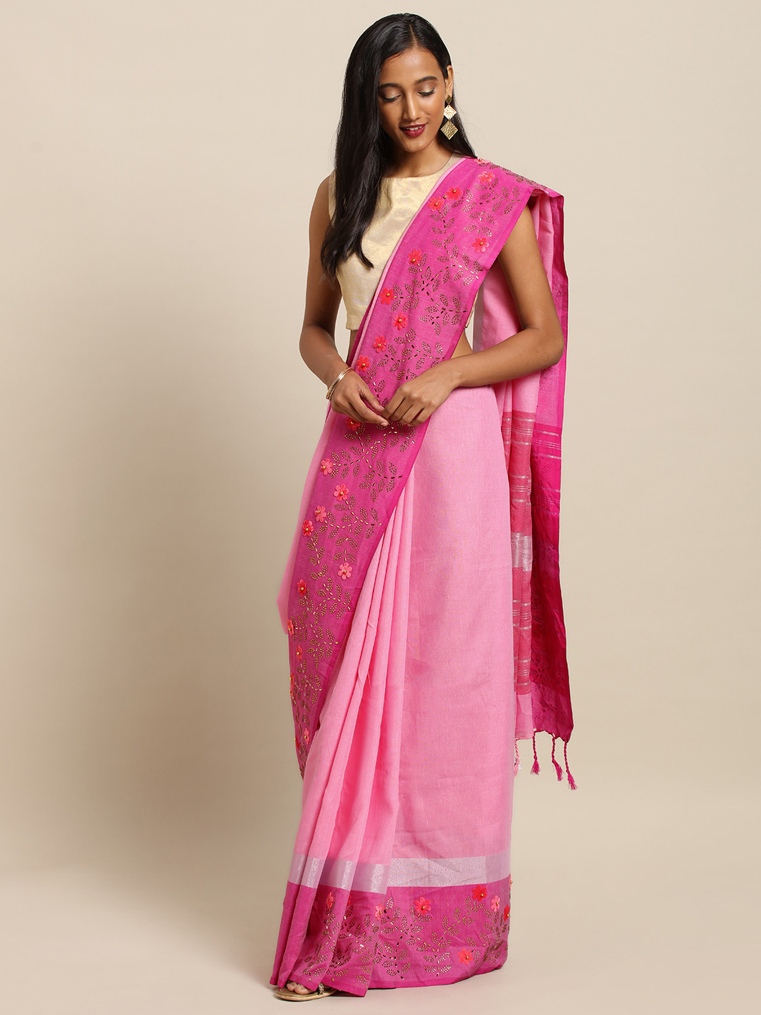 

VASTRANAND Pink Linen Blend Solid Khadi Saree
