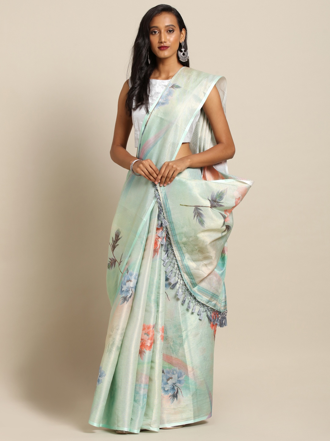 

VASTRANAND Lime Green & Peach-Coloured Art Silk Printed Maheshwari Saree