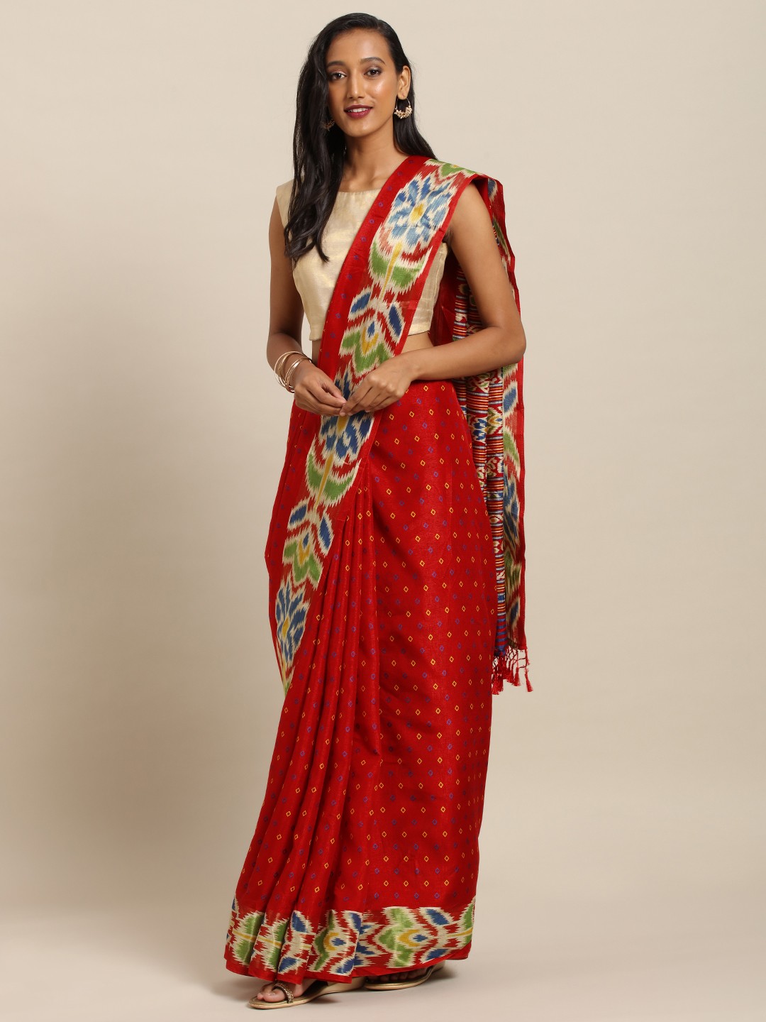 

VASTRANAND Red Linen Blend Printed Chanderi Saree