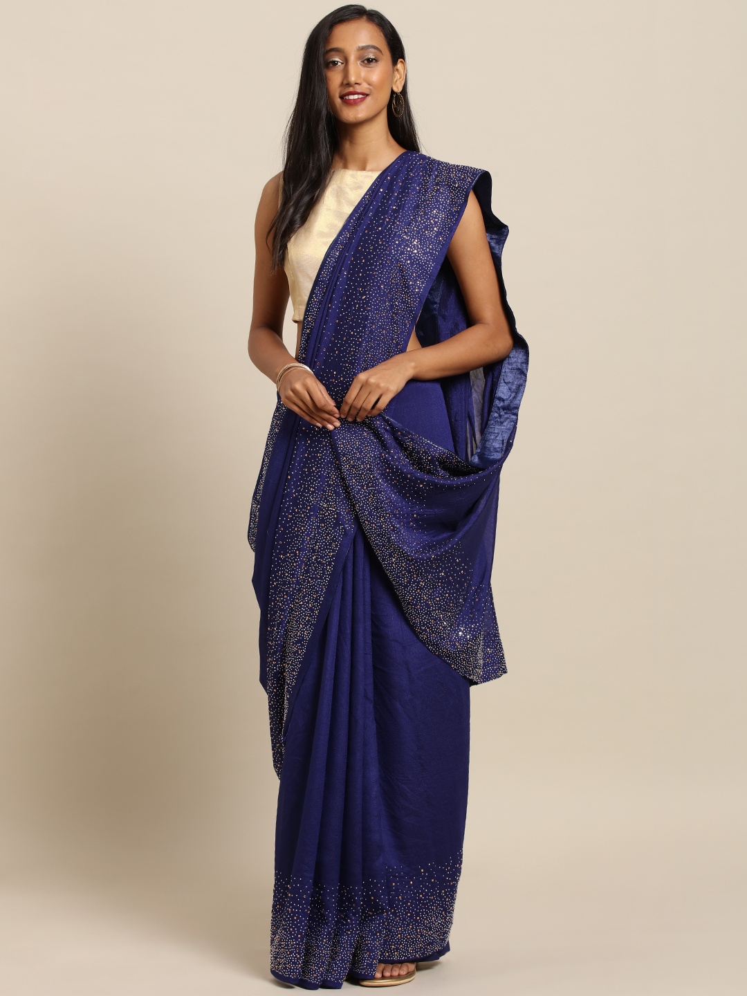 

VASTRANAND Navy Blue Embellished Poly Silk Saree
