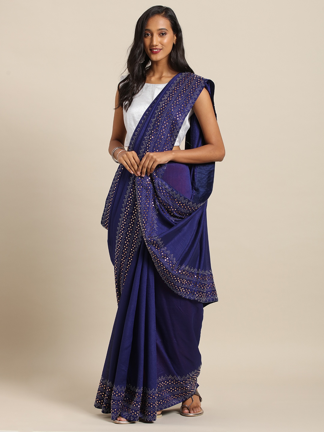 VASTRANAND Navy Blue & Red Poly Silk Embellished Border Saree