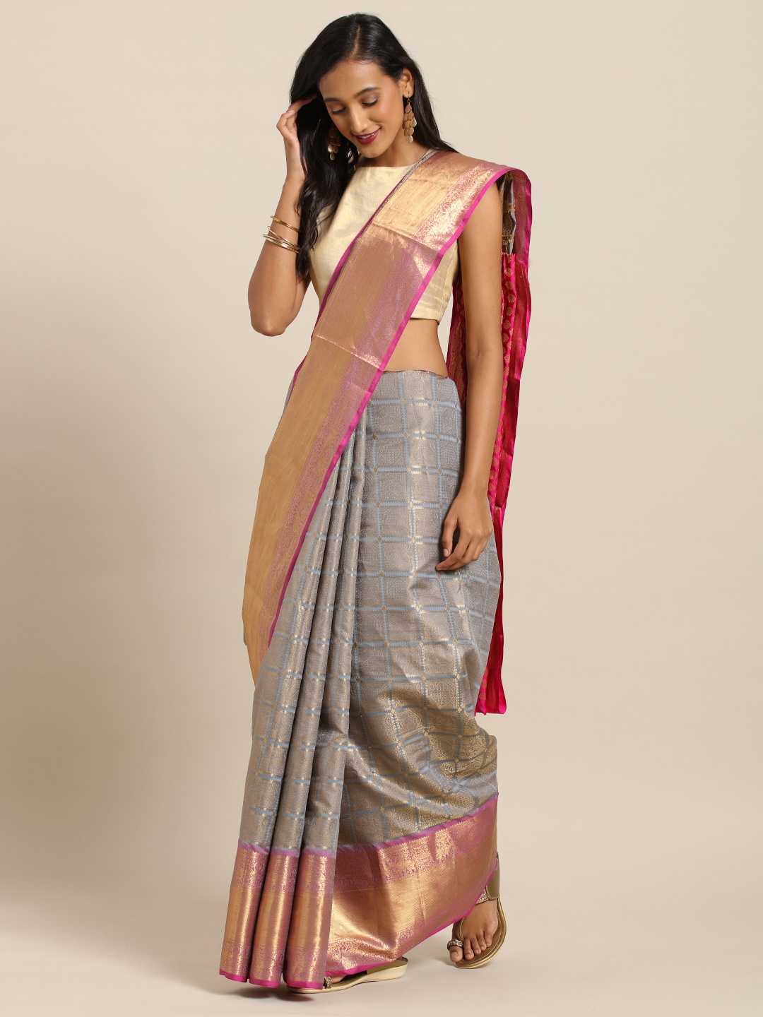 

VASTRANAND Grey & Pink Silk Blend Woven Design Wedding Kanjeevaram Saree