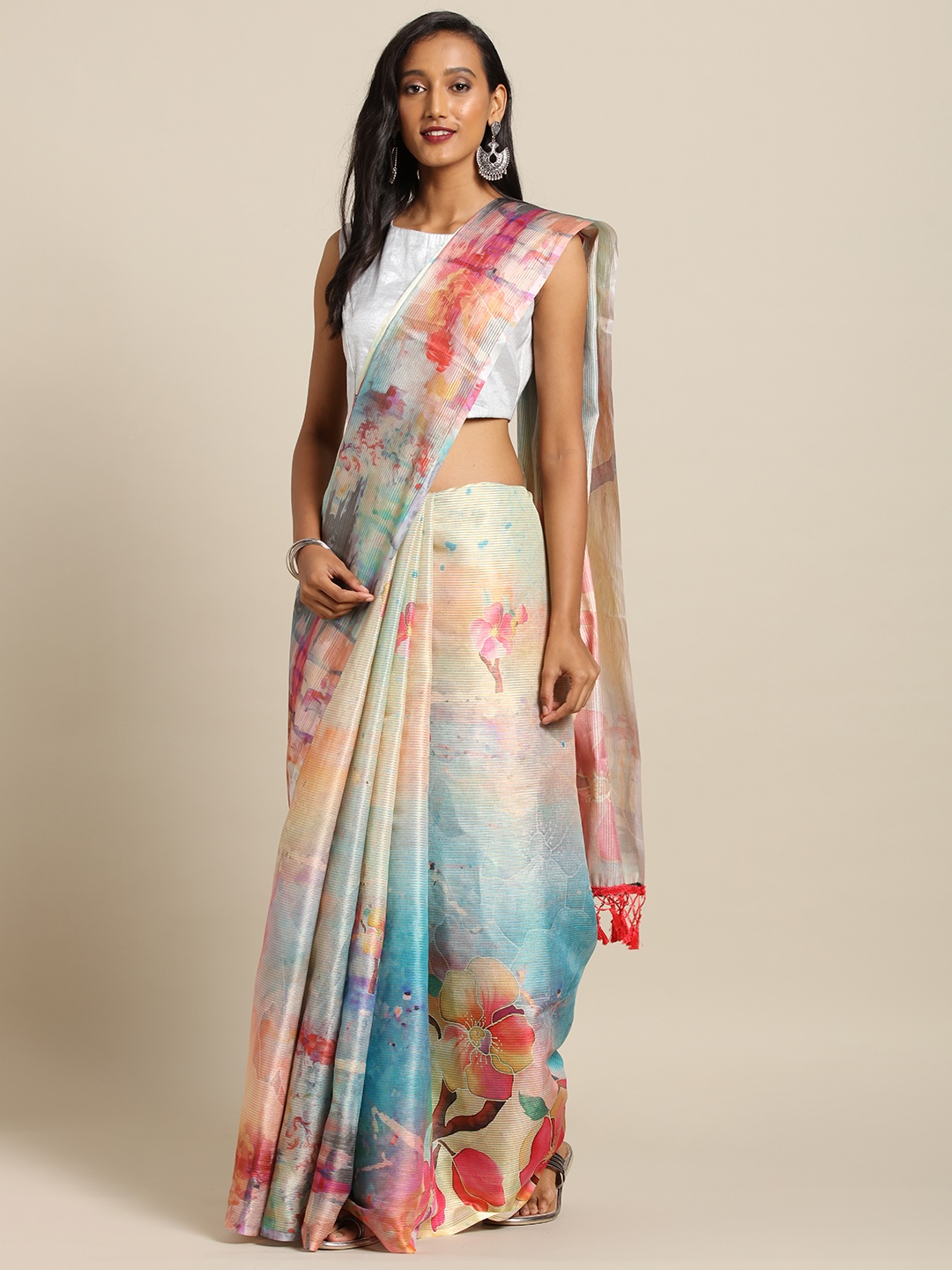 

VASTRANAND Blue & Pink Art Silk Printed Maheshwari Saree