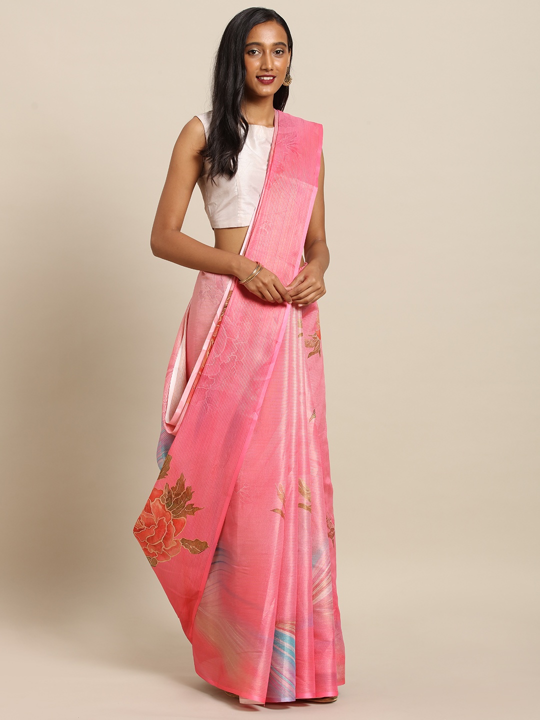VASTRANAND Pink & Blue Art Silk Floral Digital Printed Maheshwari Saree