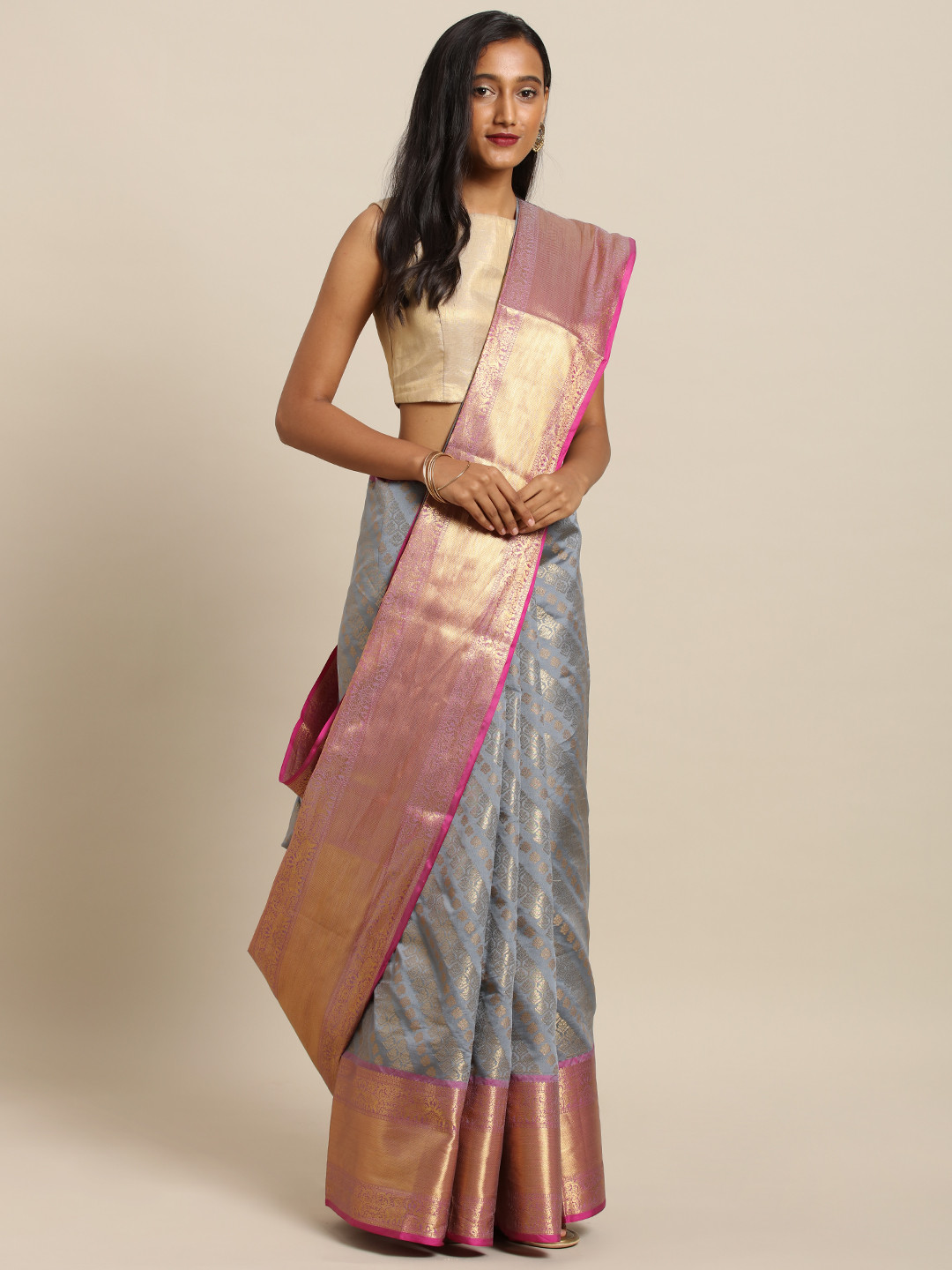 

VASTRANAND Grey & Pink Silk Blend Woven Design Wedding Kanjeevaram Saree