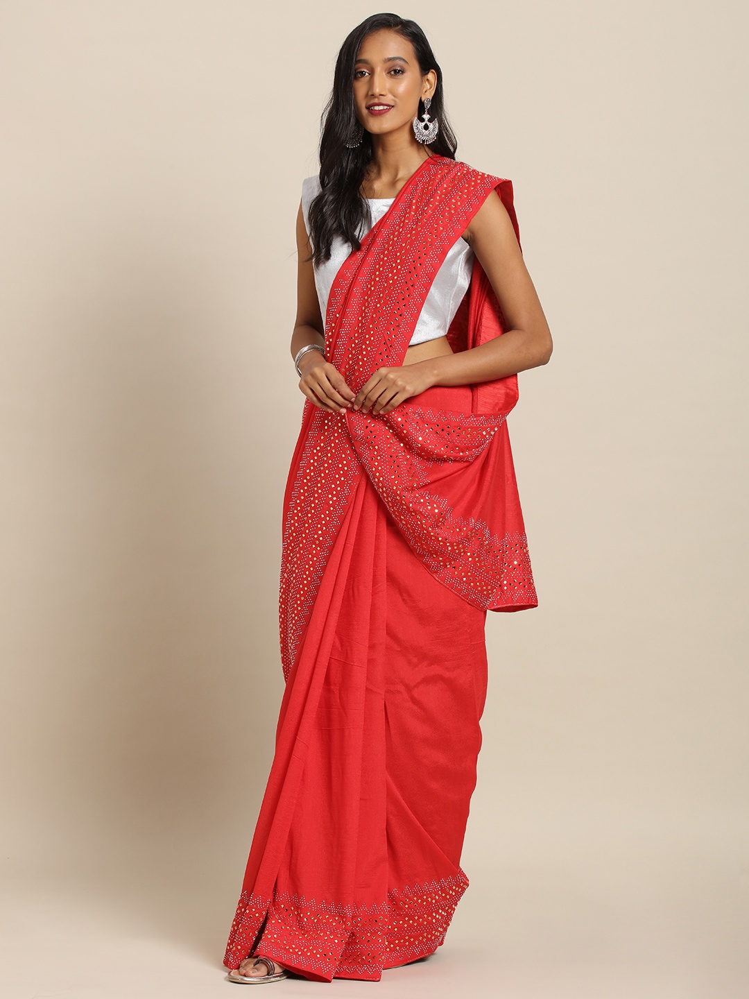 

VASTRANAND Red & Blue Poly Silk Embellished Border Saree