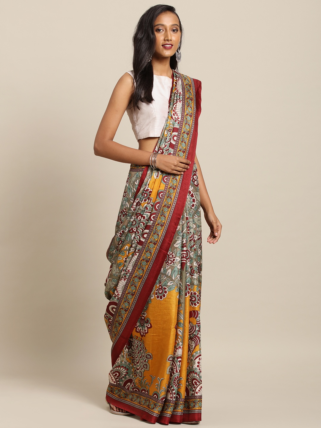 

VASTRANAND Mustard Yellow & Grey Linen Blend Printed Chanderi Saree