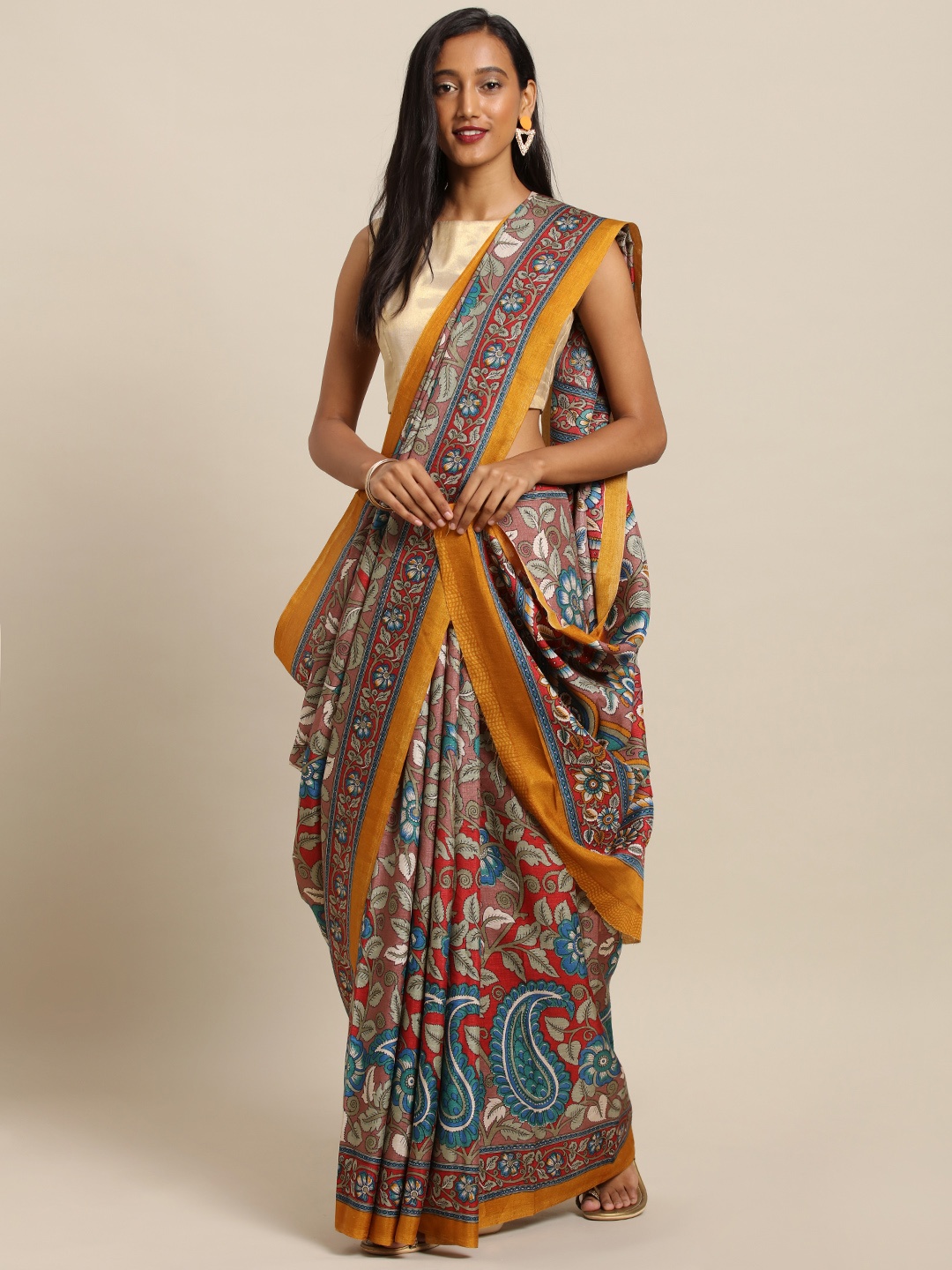 

VASTRANAND Pink & Mustard Yellow Linen Blend Printed Chanderi Saree
