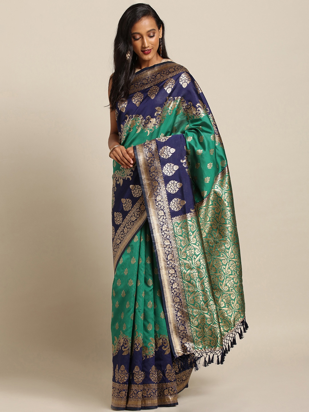 

VASTRANAND Green & Navy Blue Silk Blend Woven Design Banarasi Saree