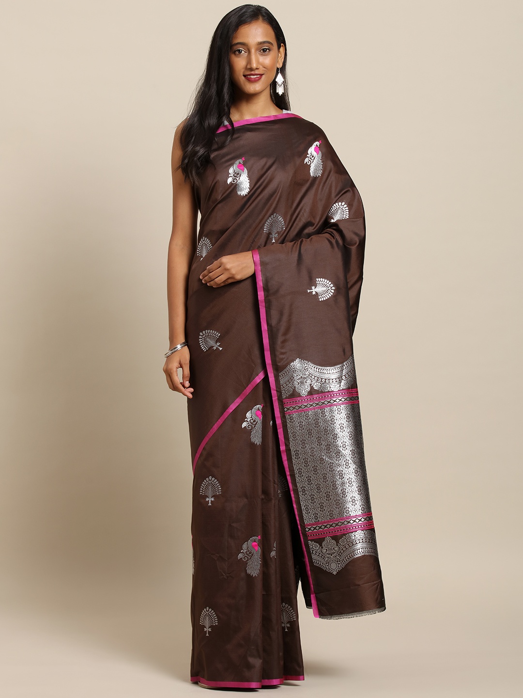 

VASTRANAND Coffee Brown Silk Blend Printed Kanjeevaram Saree