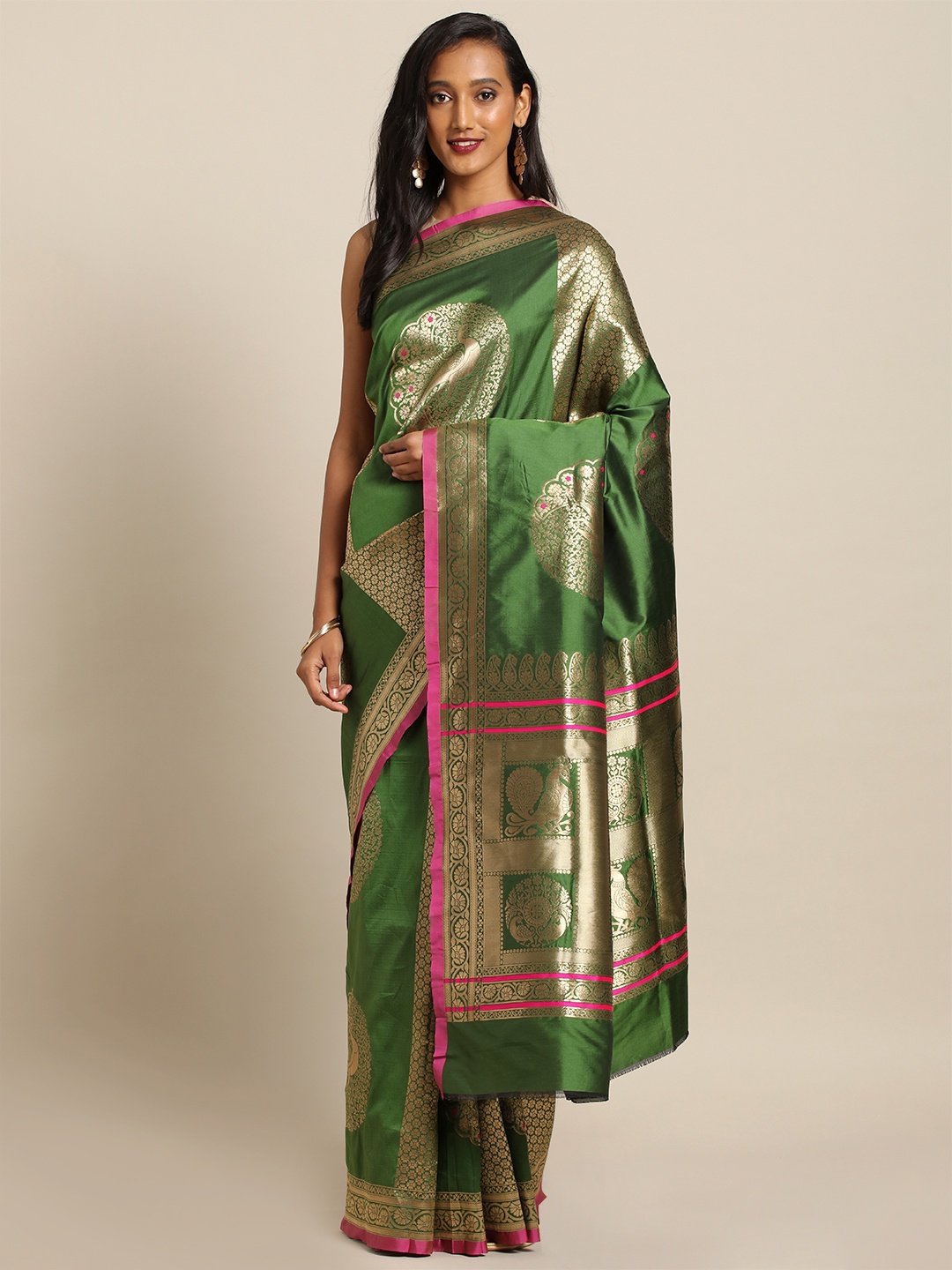 VASTRANAND Green & Gold-Toned Silk Blend Woven Design Kanjeevaram Saree